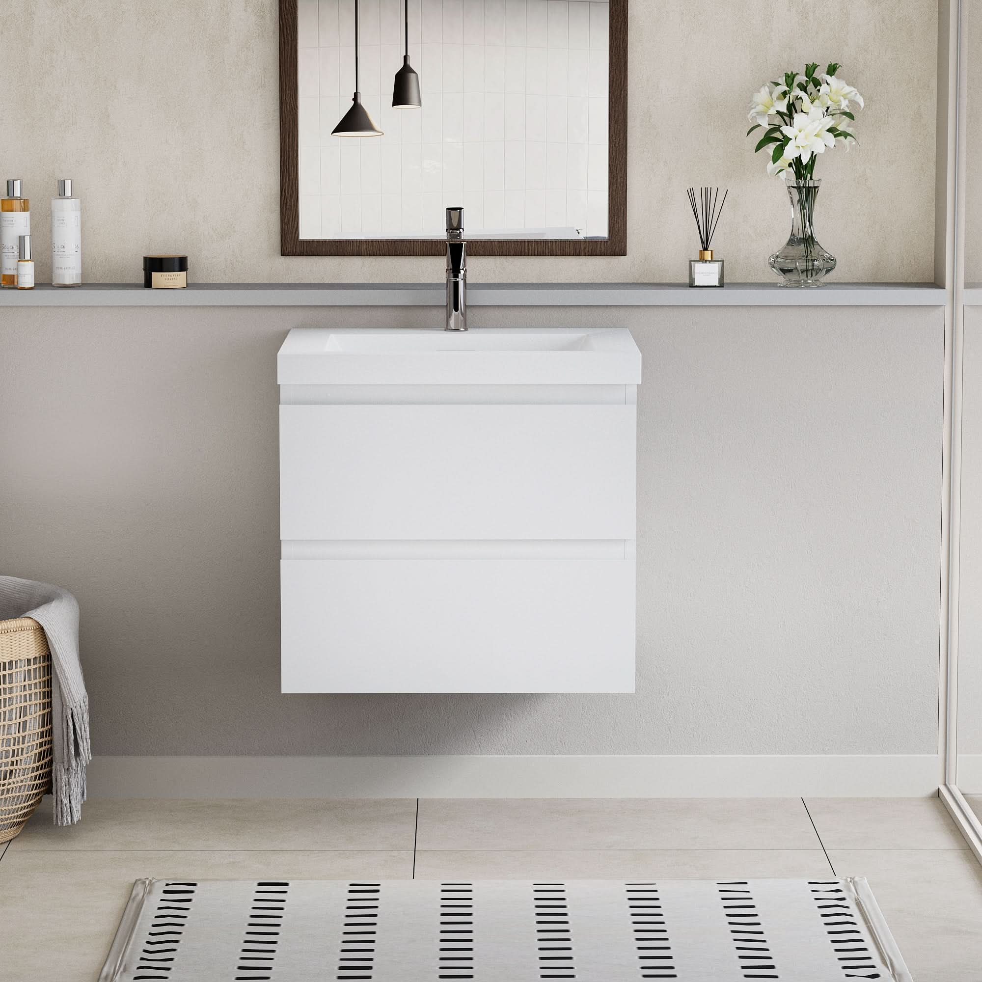 Floating Bathroom Vanity with Resin Top Basin &amp; Soft Close Drawers - Modern Wall-Mounted Storage Cabinet color: White