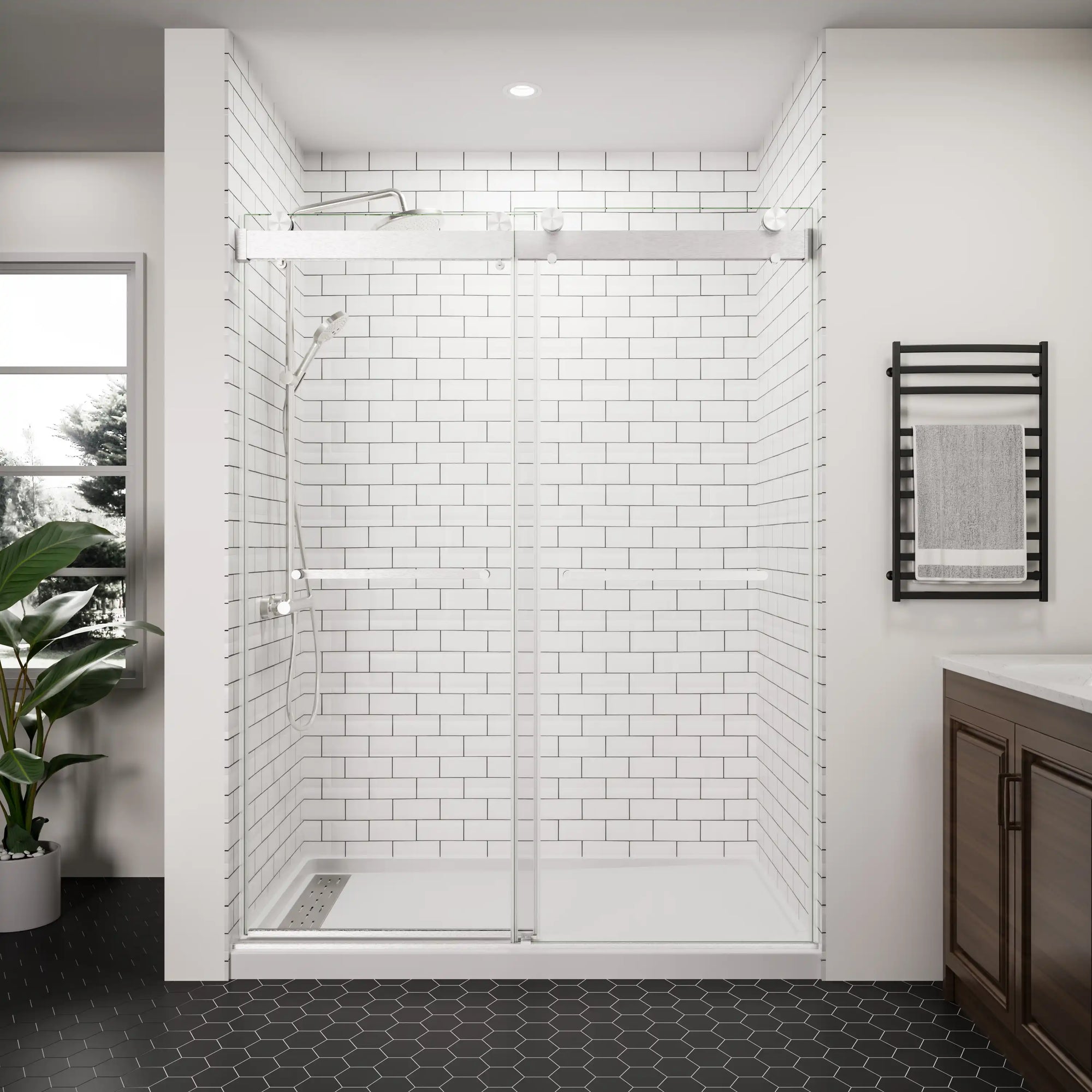 Front view of a 60 x 76 frameless glass sliding shower door with chrome hardware | Ace Decor