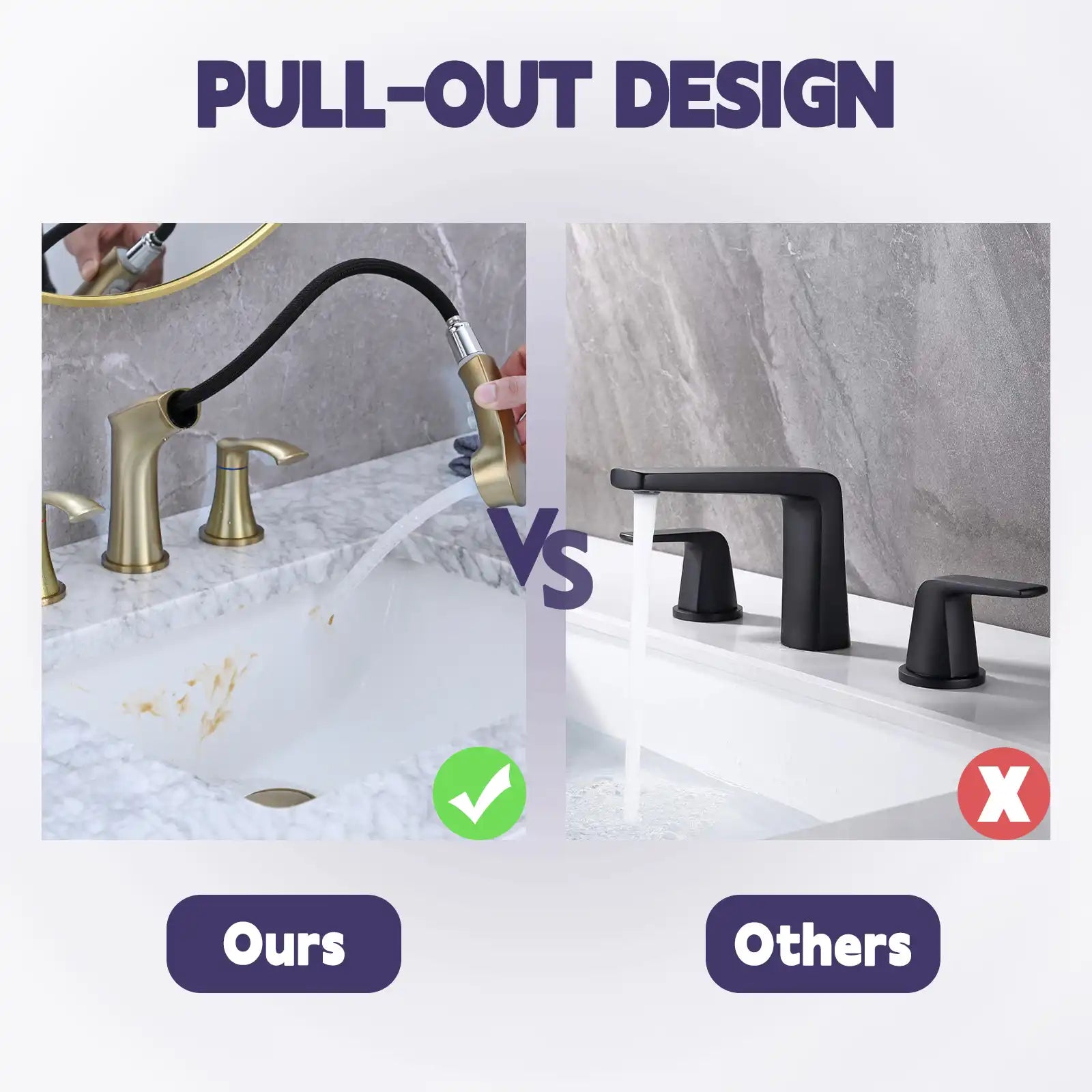 Harbor Series Brushed Gold Faucet Bathroom – Pull-Out Sprayer with 2 Handles
