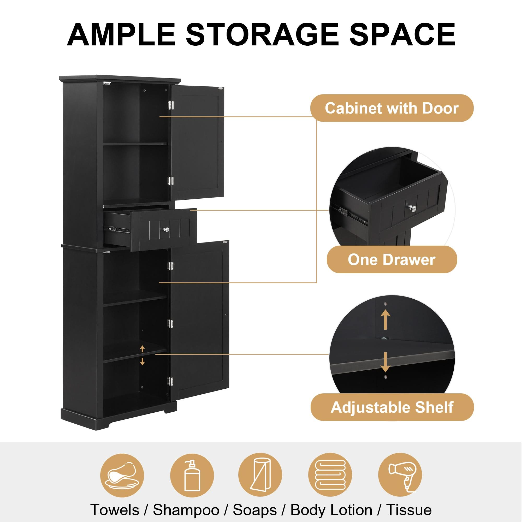 freestanding tall bathroom storage cabinet with one drawers color:black