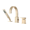 FLUNIX Brushed Gold Brass Waterfall Roman Deck Mounted Tub Faucet Set with Hand Shower