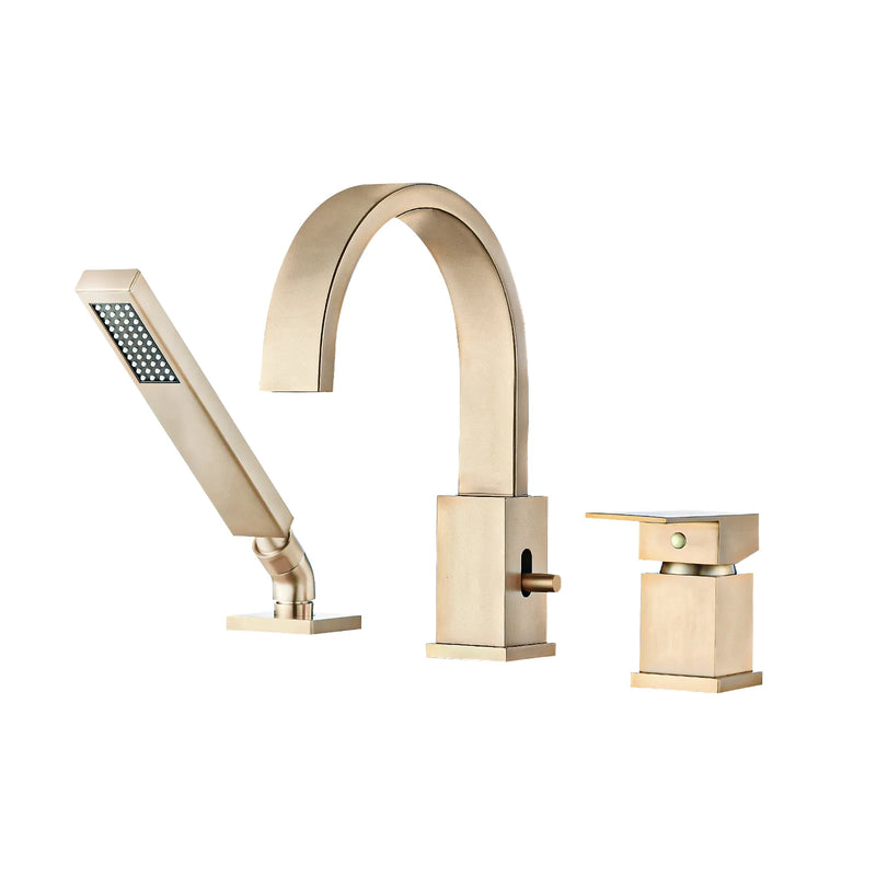 FLUNIX Brushed Gold Brass Waterfall Roman Deck Mounted Tub Faucet Set with Hand Shower