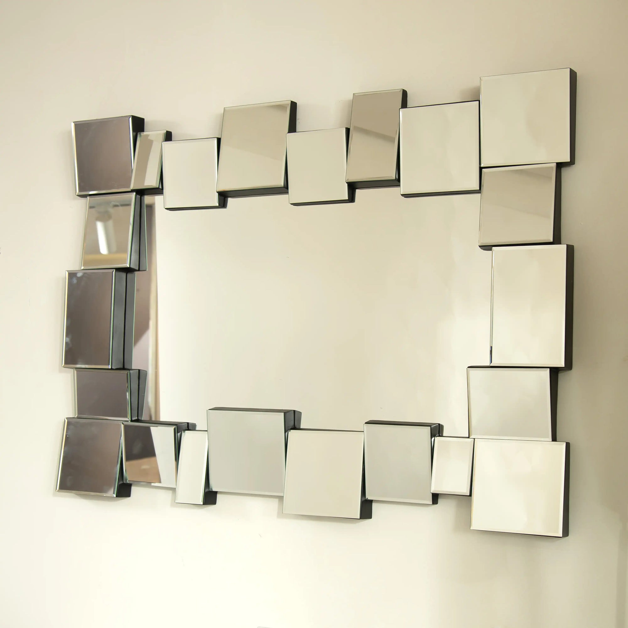 Close side view of a 39 x 29 modern decorative mirror with 3D geometric glass frame | Ace Decor