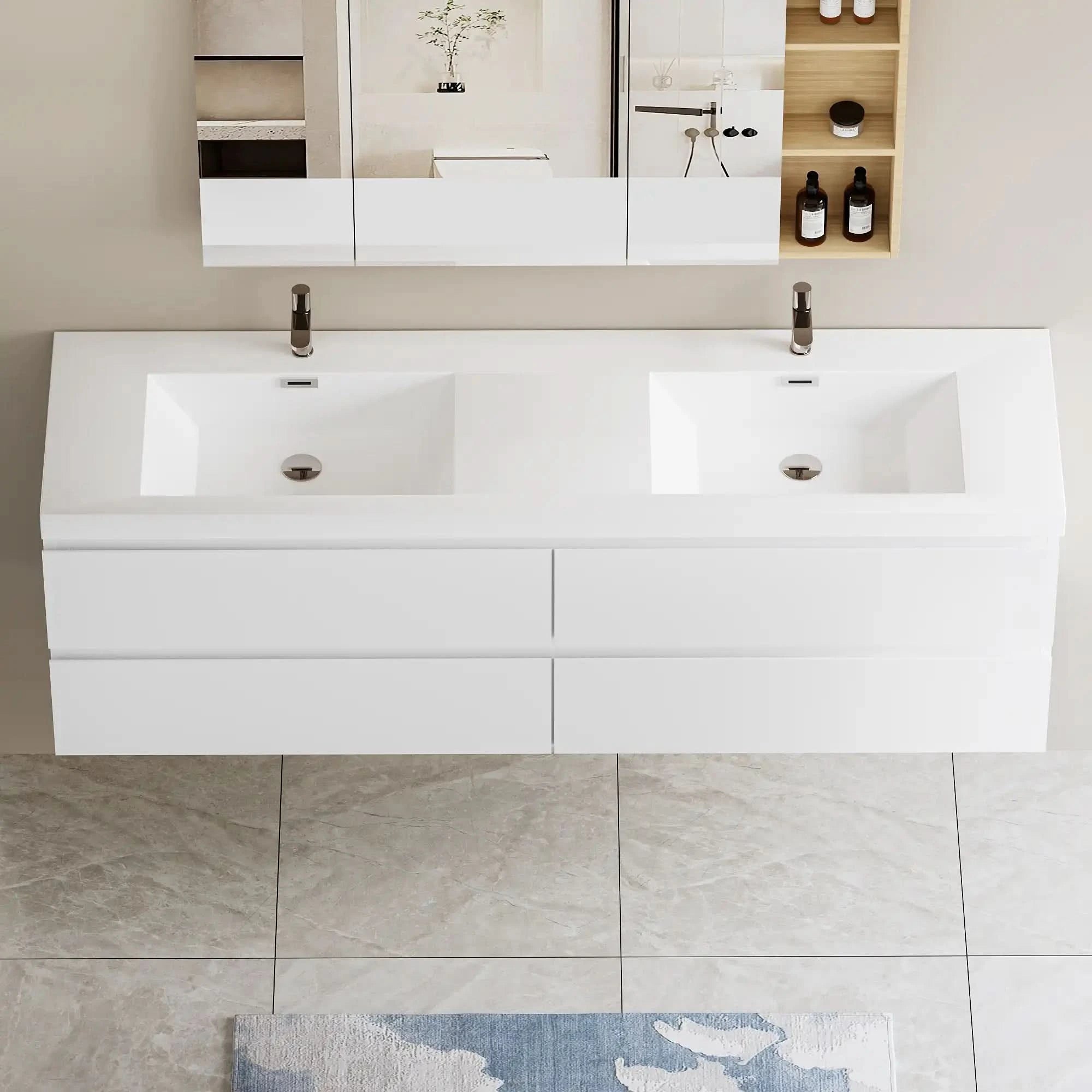 71 X 20 Modern Floating Double Sink Bathroom Vanity - Wall Mounted Storage Cabinet color: White