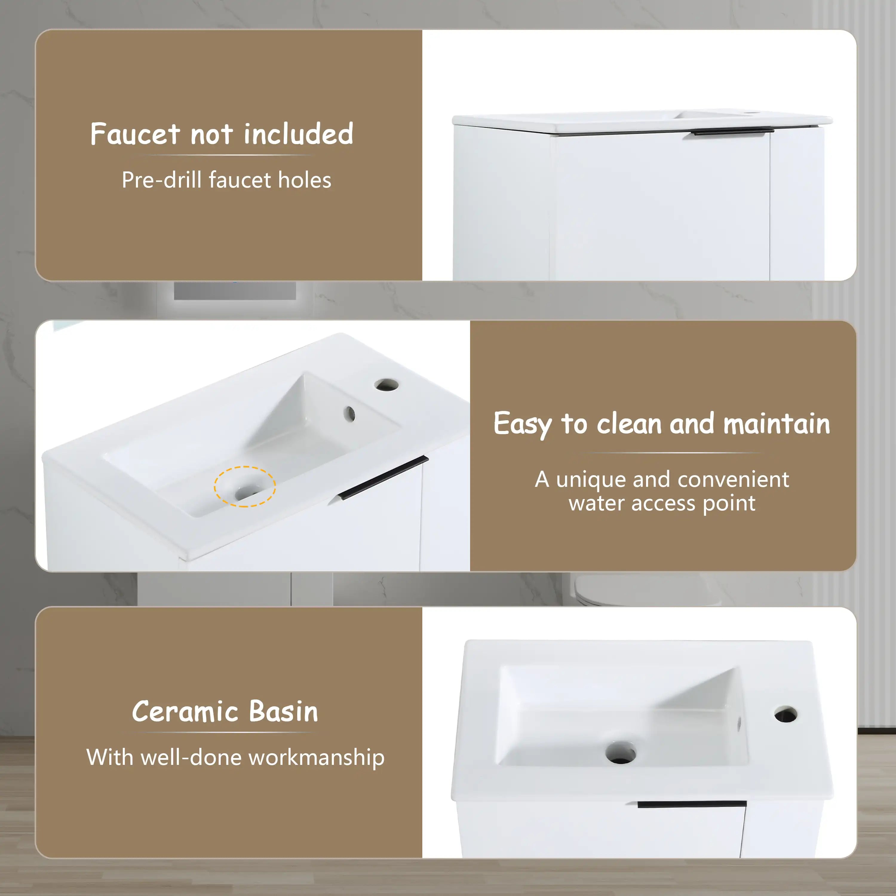 22” White Wall-Mounted Floating Bathroom Vanity Sink - 1 Storage Space & Side Faucet