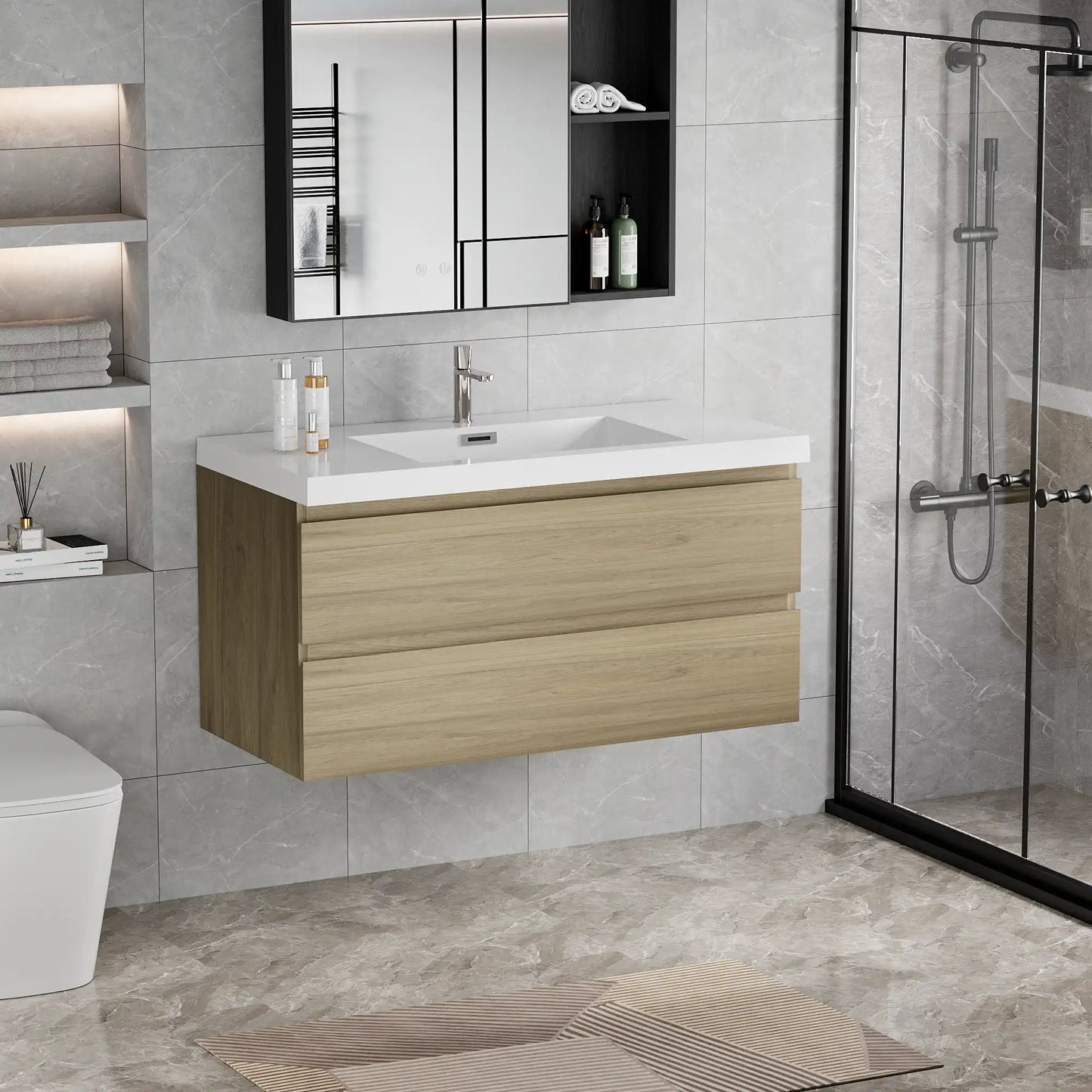 Floating Bathroom Vanity with Resin Top Basin & Soft Close Drawers - Modern Wall-Mounted Storage Cabinet color: Oak