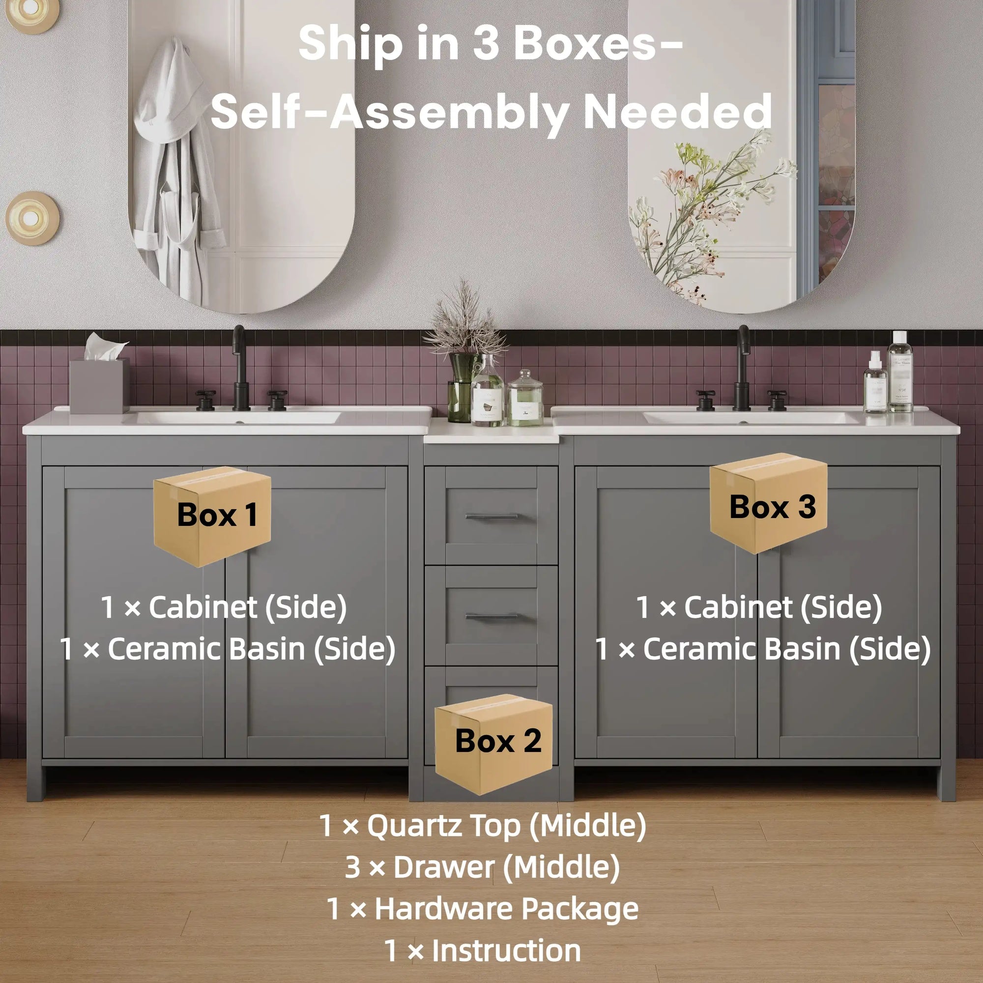 Elysian 84&quot; Freestanding Bathroom Vanity with Double Sinks – Grey