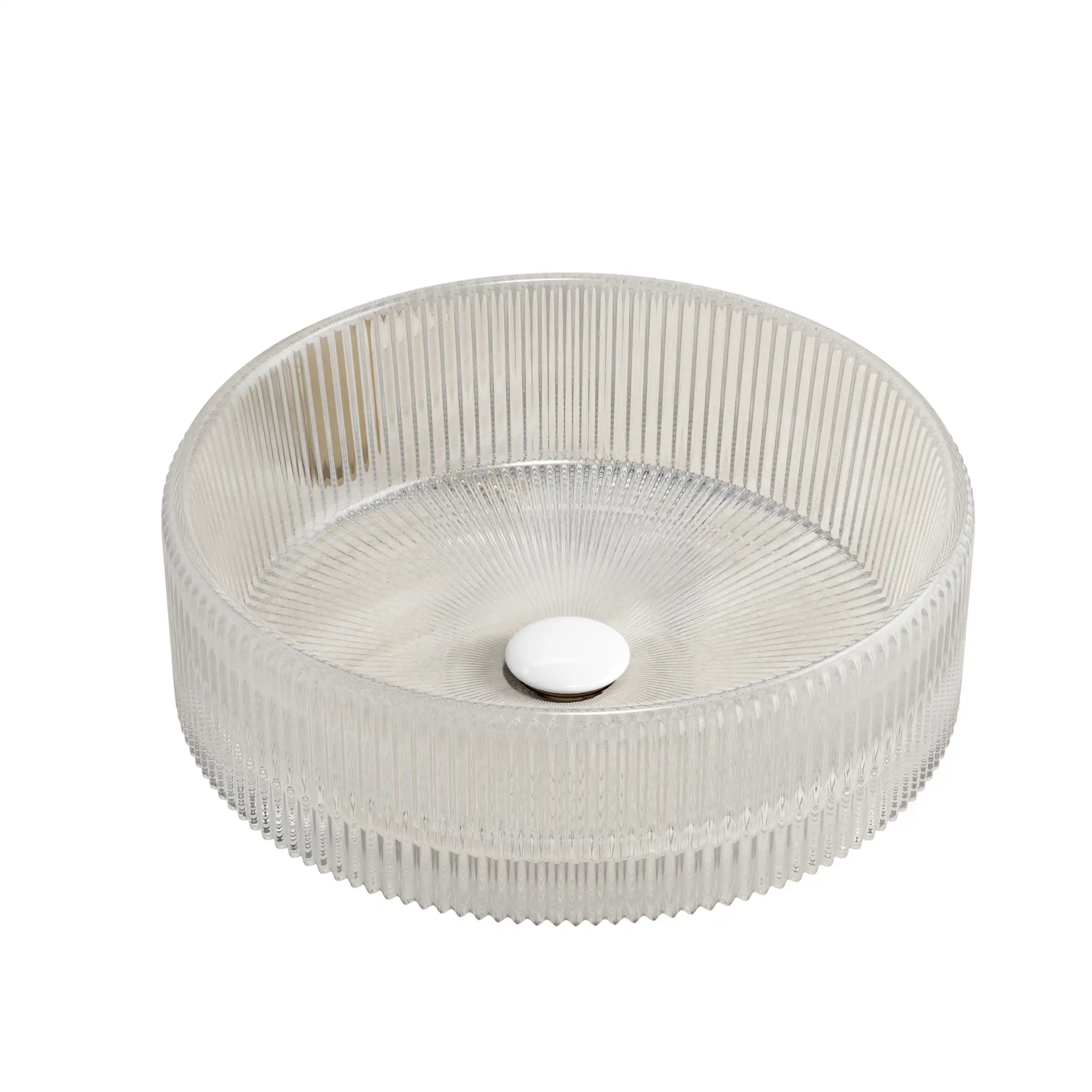 14 inch clear textured glass small sink for bathroom with center drain | Ace Decor