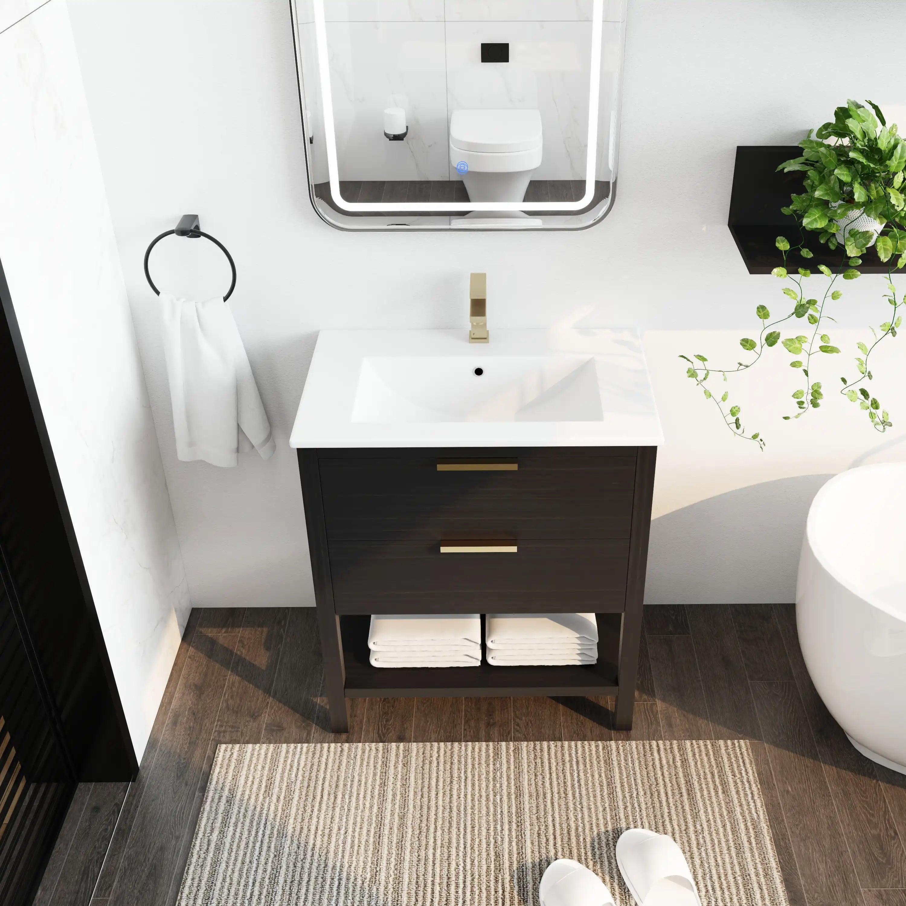 30" black vanity bathroom installed in modern bathroom with open shelf storage.