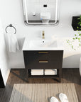 30" black vanity bathroom installed in modern bathroom with open shelf storage | Ace Decor