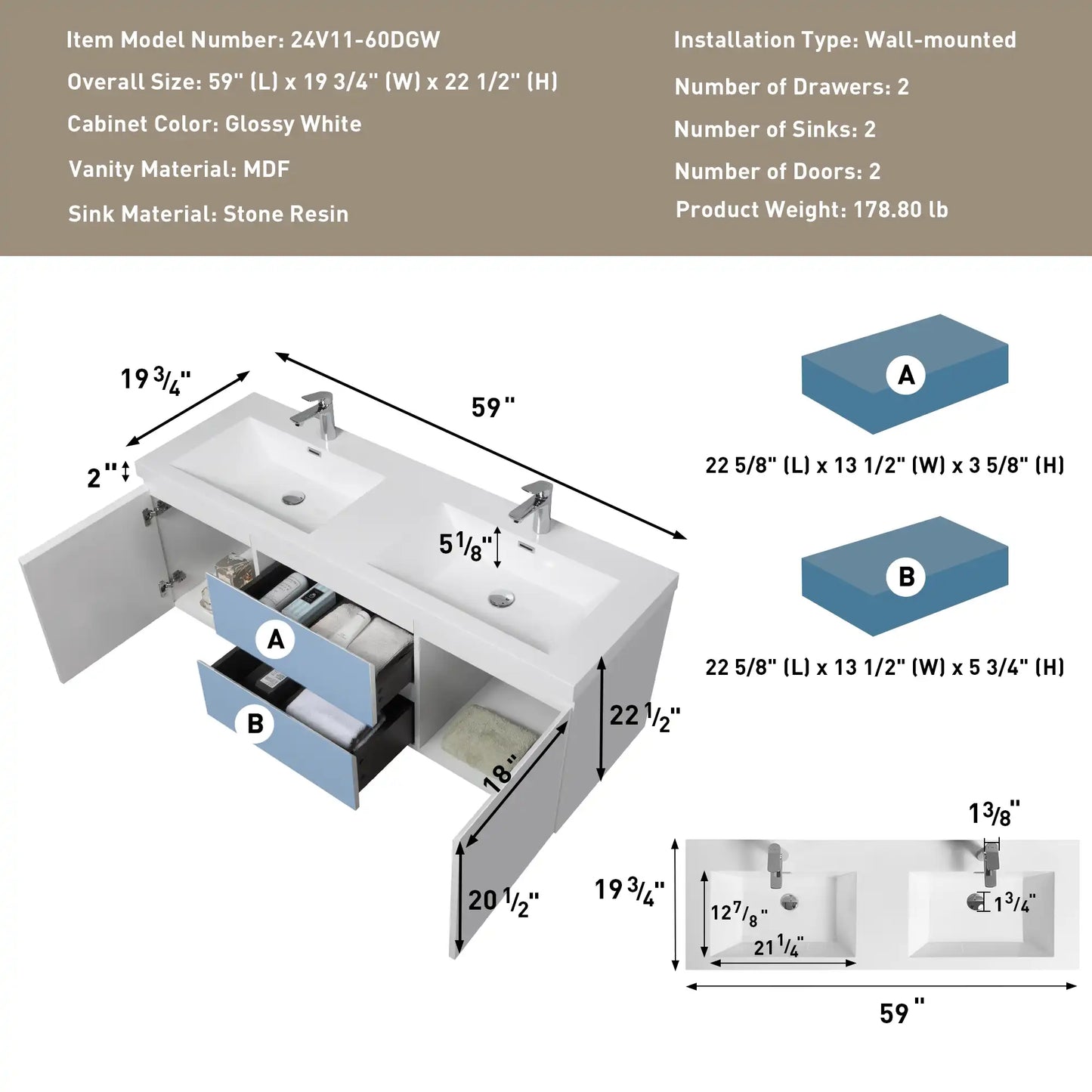 47/59" Modern Floating Bathroom Vanity with Resin Top Basin sink: Double