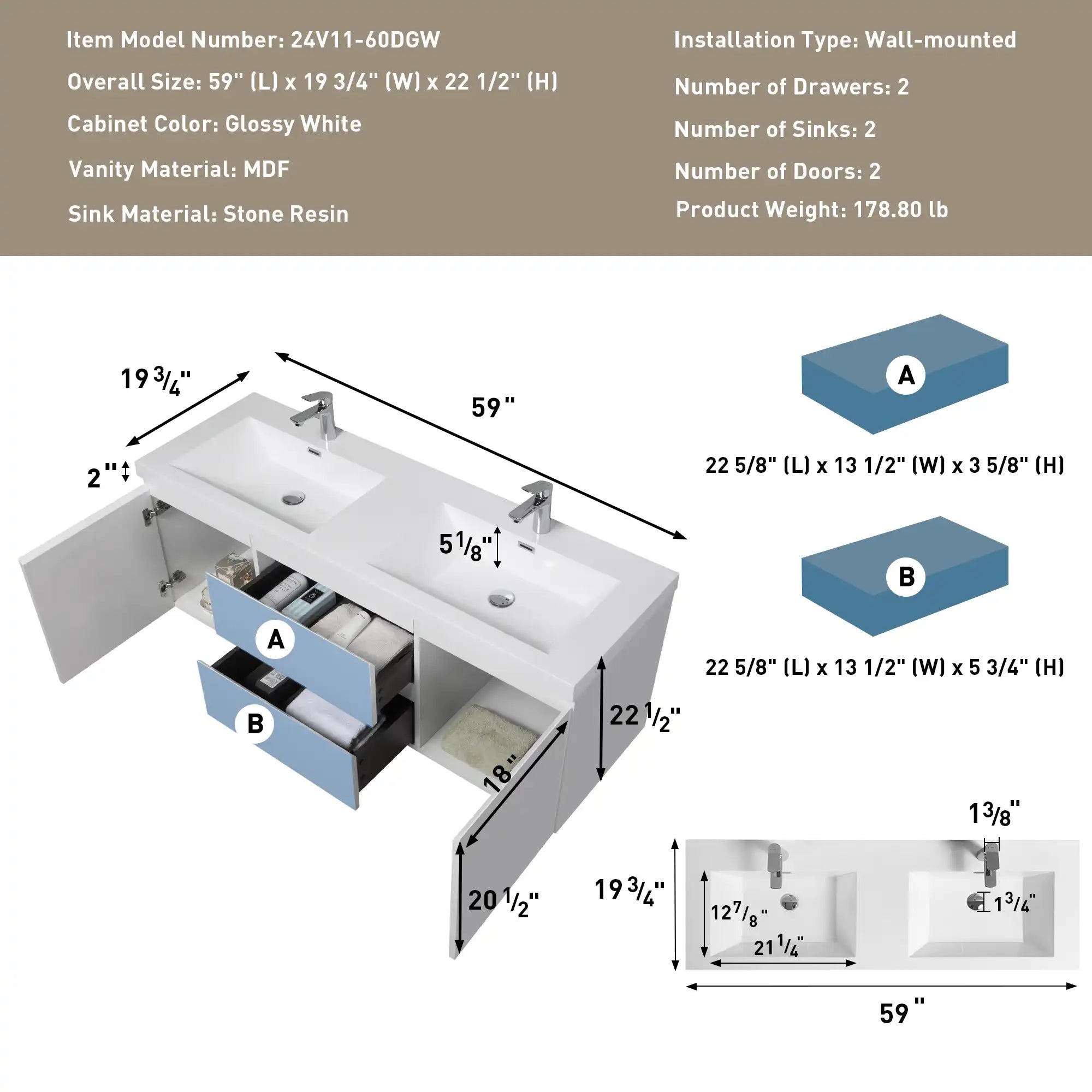 47/59&quot; Modern Floating Bathroom Vanity with Resin Top Basin sink: Double