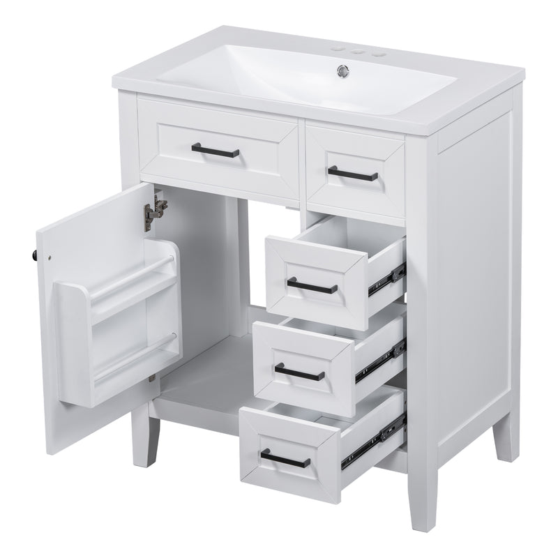 30" Crisp White Bathroom Vanity with Sink Combo, Cabinet with Dock Rack & 5 Drawers