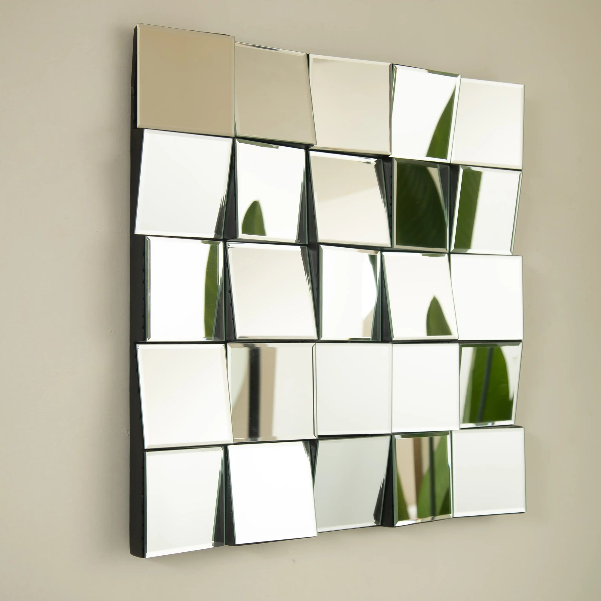 Side angle of 24-inch modern entryway mirror and bench wall mirror showing 3D faceted tiles | Ace Decor