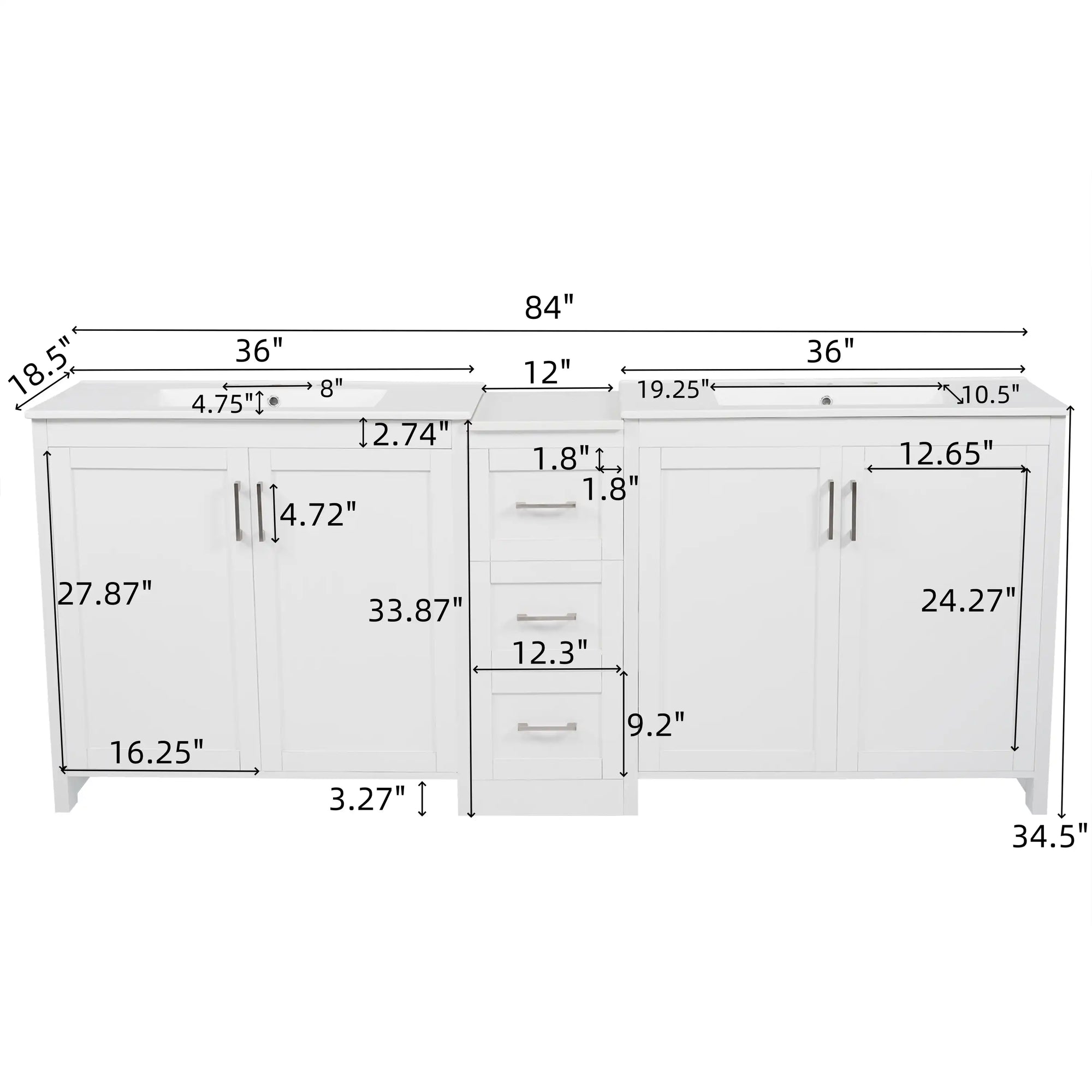 Elysian 84&quot; Freestanding Bathroom Vanity with Double Sinks – White