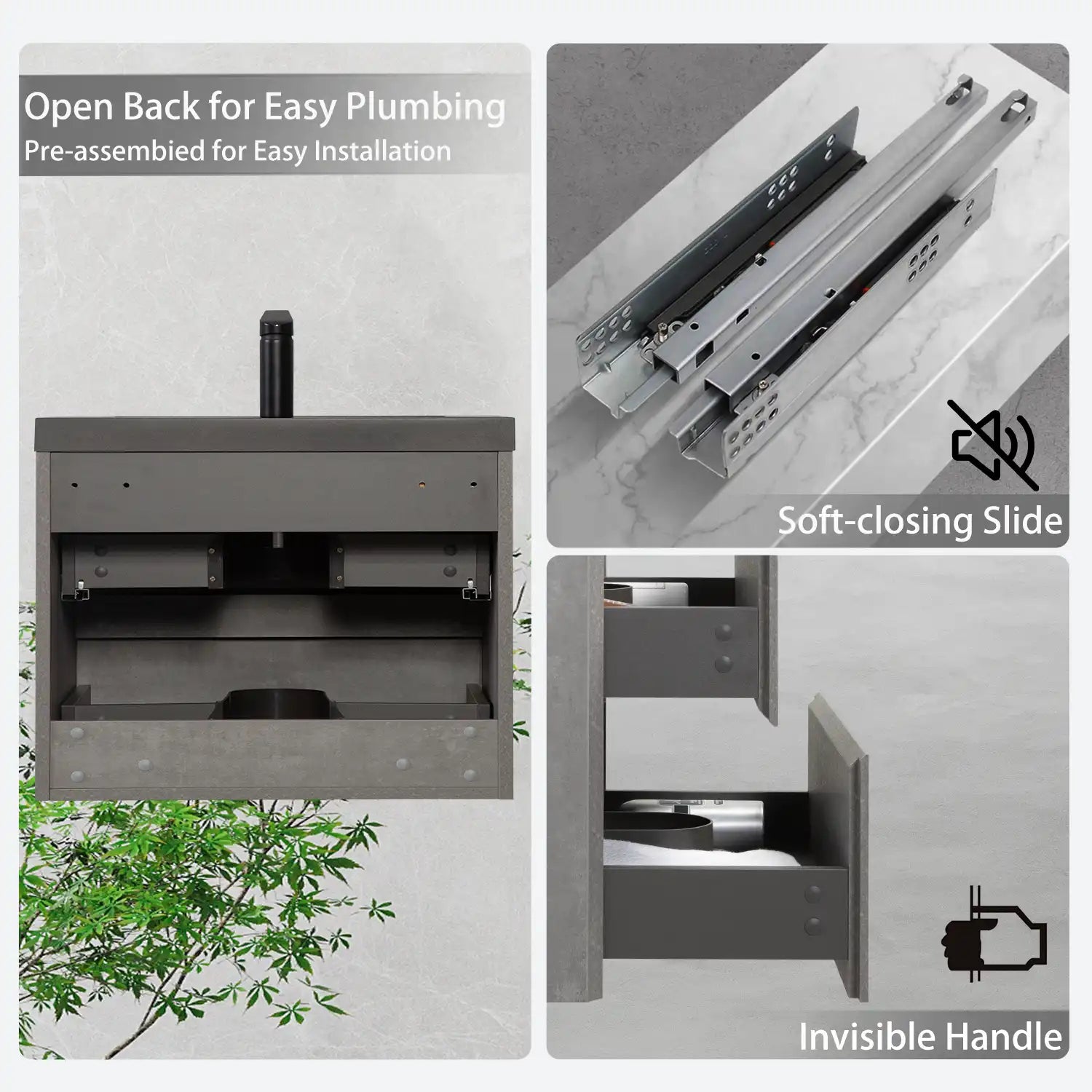 23''-47'' Floating Dark Grey Corner Vanity with Matte Black Sink - 2 Soft Close Drawers