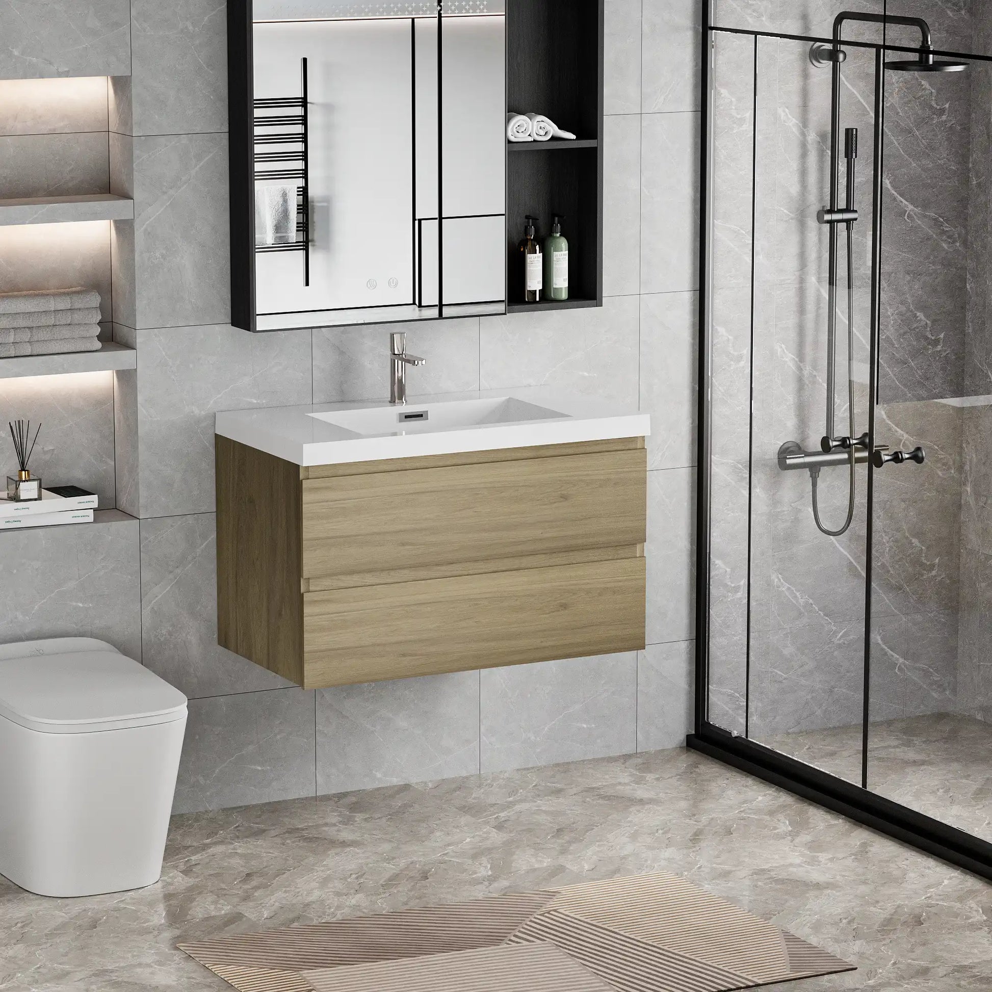 Floating Bathroom Vanity with Resin Top Basin & Soft Close Drawers - Modern Wall-Mounted Storage Cabinet color: Oak