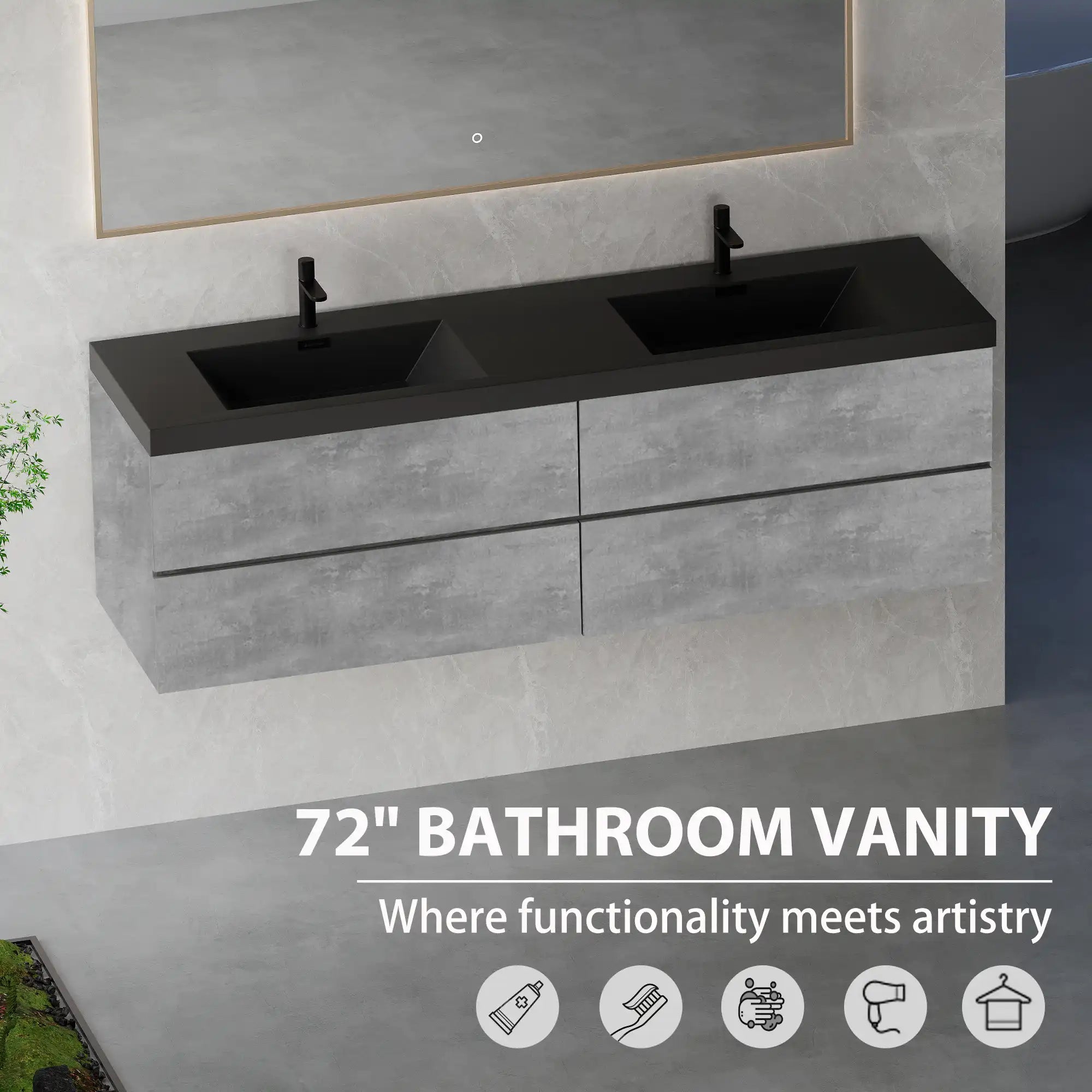 Grey floating vanity 72 x 19 featuring dual sinks in modern bathroom | Ace Decor