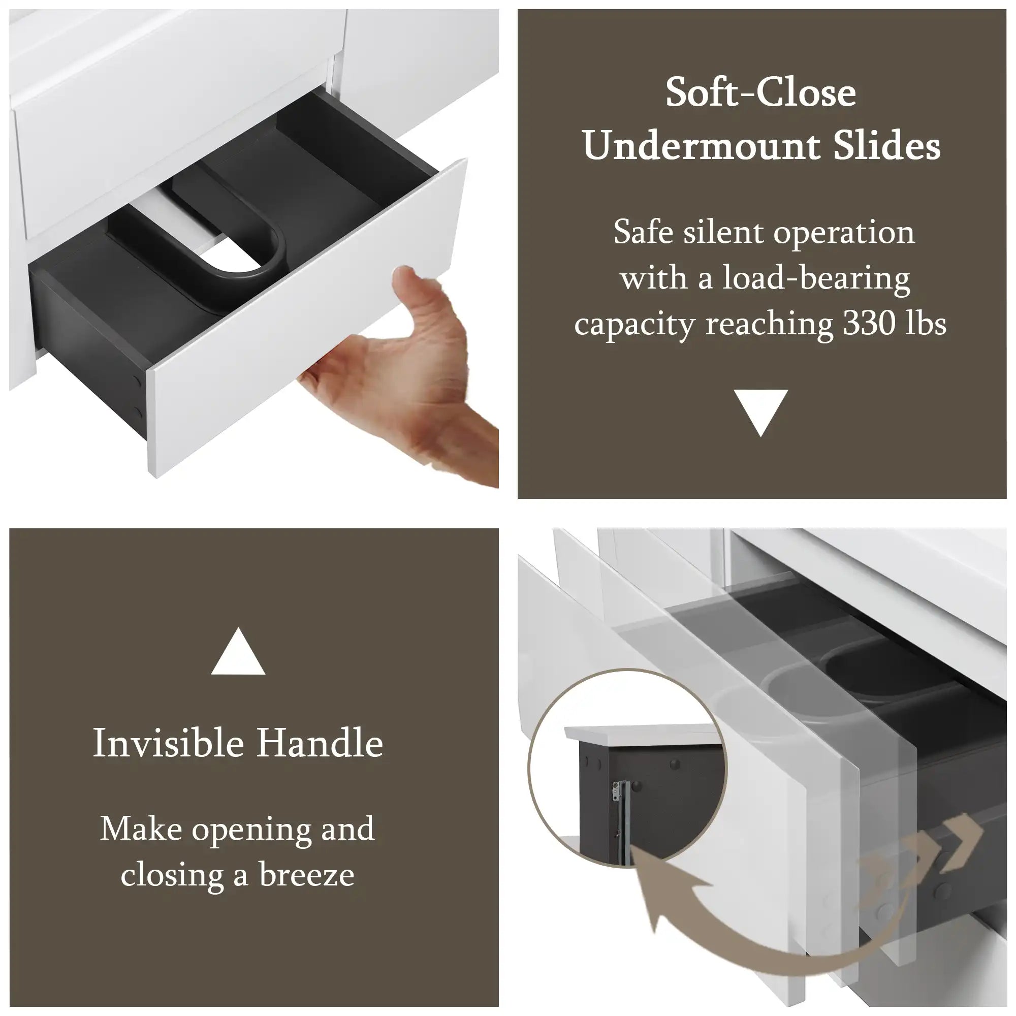 48 inch white floating bathroom vanity with soft-close undermount drawer slides and invisible handle design | Ace Decor