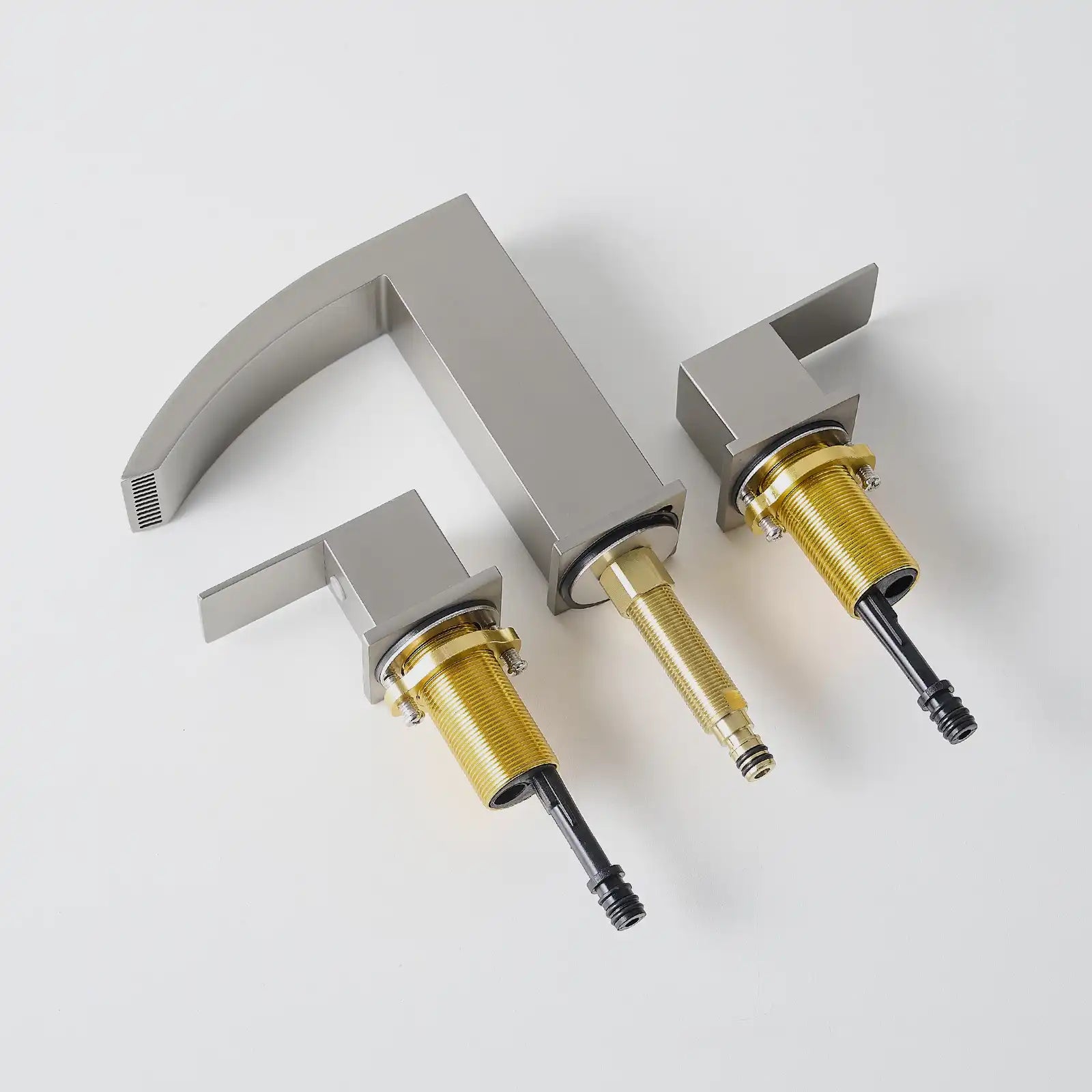 Complete brushed nickel bathroom faucet set with all installation parts included for easy setup