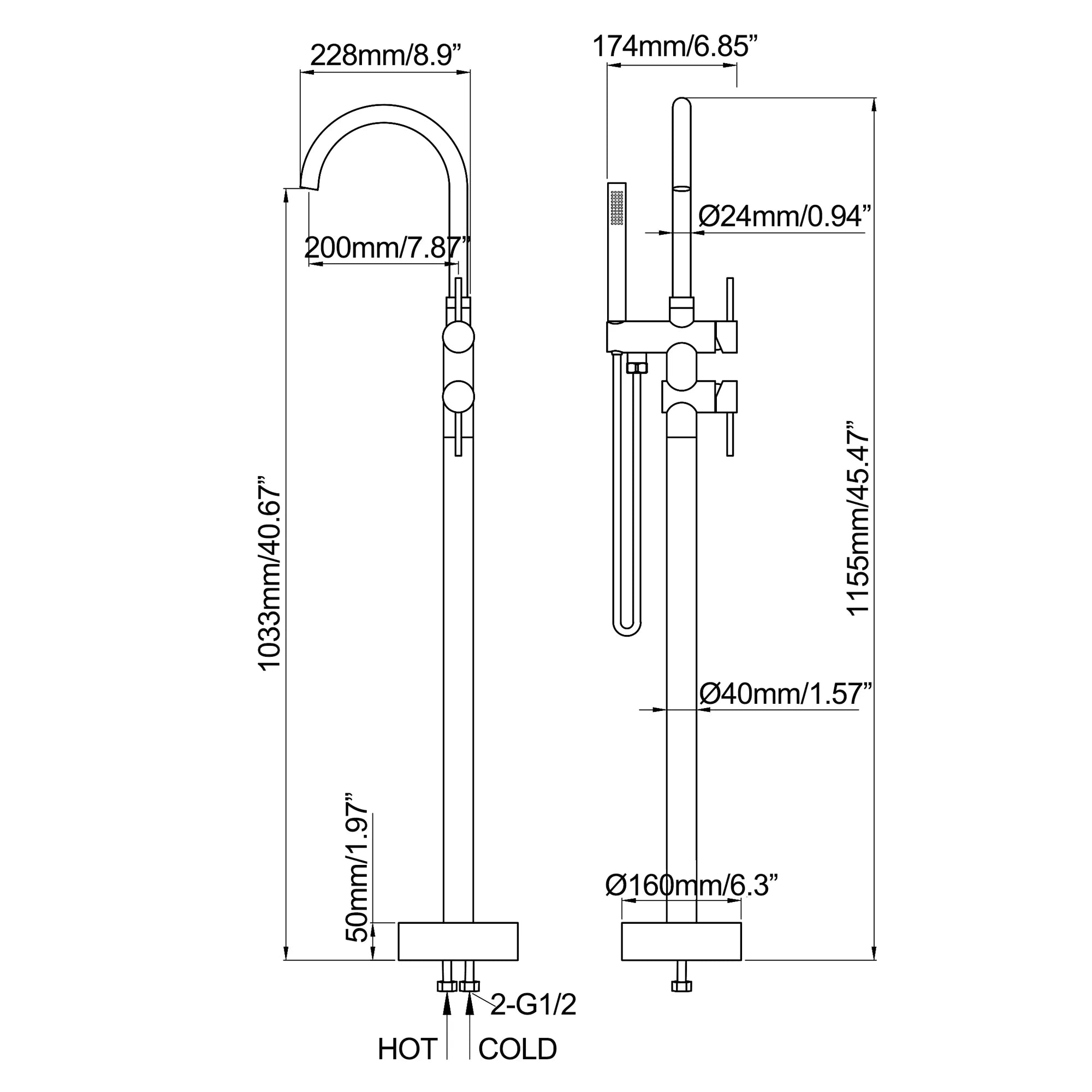 Dimension diagram of the matte black freestanding tub faucet with handheld shower head.