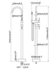 Dimension diagram of the matte black freestanding tub faucet with handheld shower head.