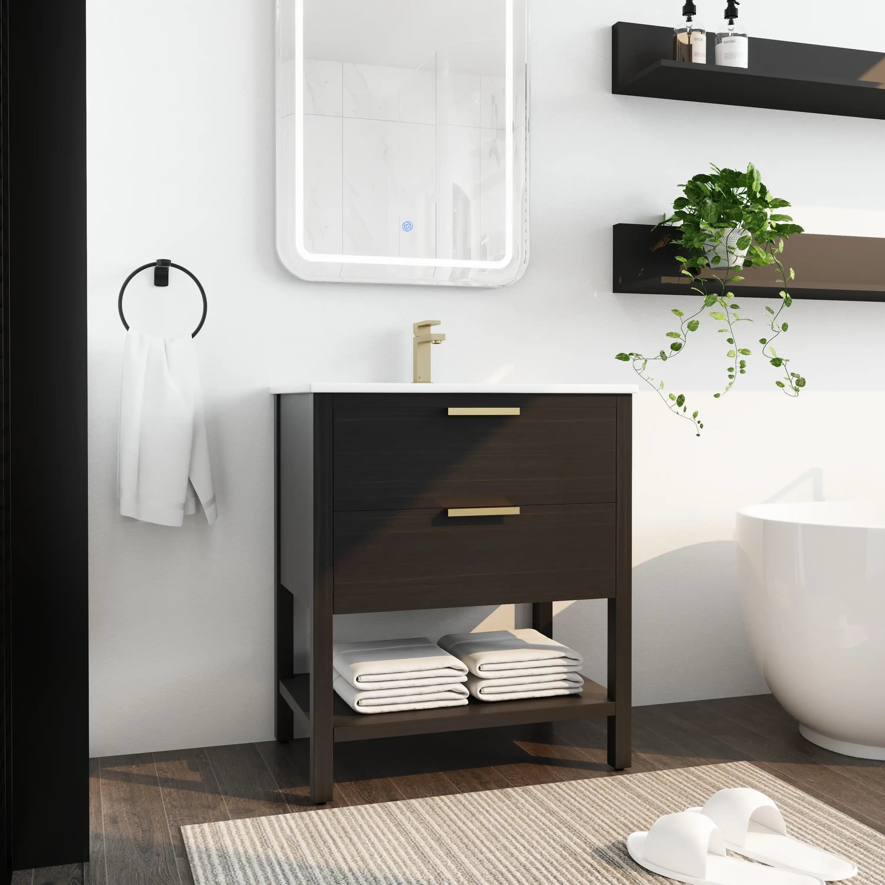 30" black vanity bathroom freestanding cabinet with white integrated sink and gold handles.