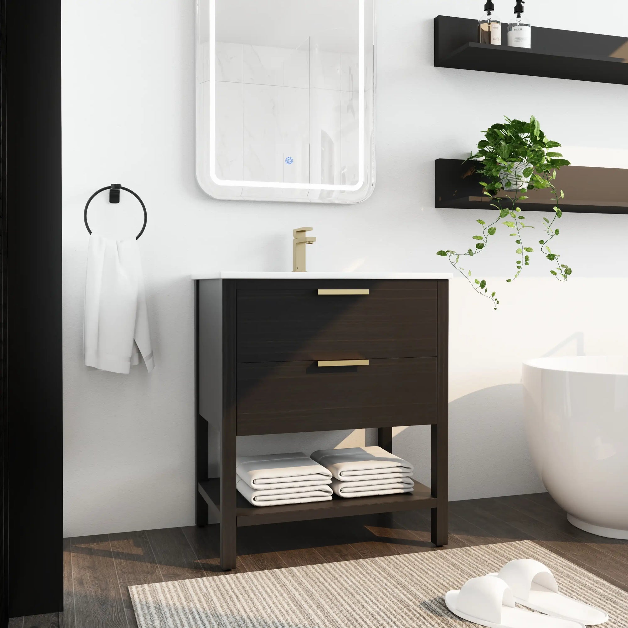 30" black vanity bathroom freestanding cabinet with white integrated sink and gold handles | Ace Decor