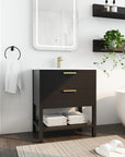 30" black vanity bathroom freestanding cabinet with white integrated sink and gold handles | Ace Decor