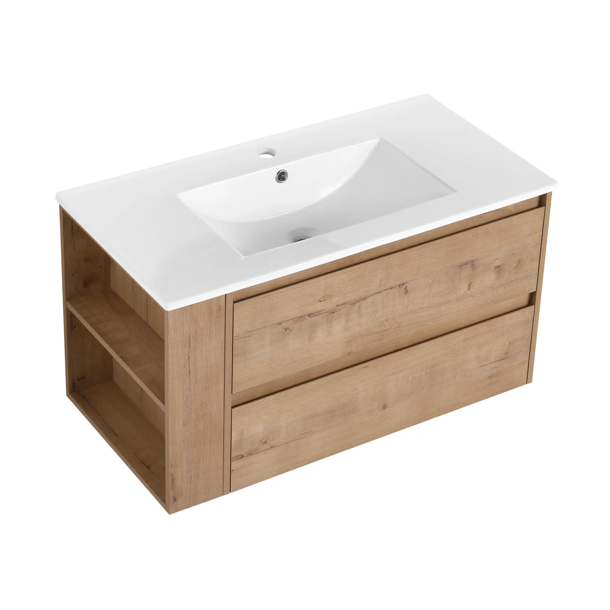 36" wall mounted bathroom vanity with oak finish and integrated sink | Ace Decor