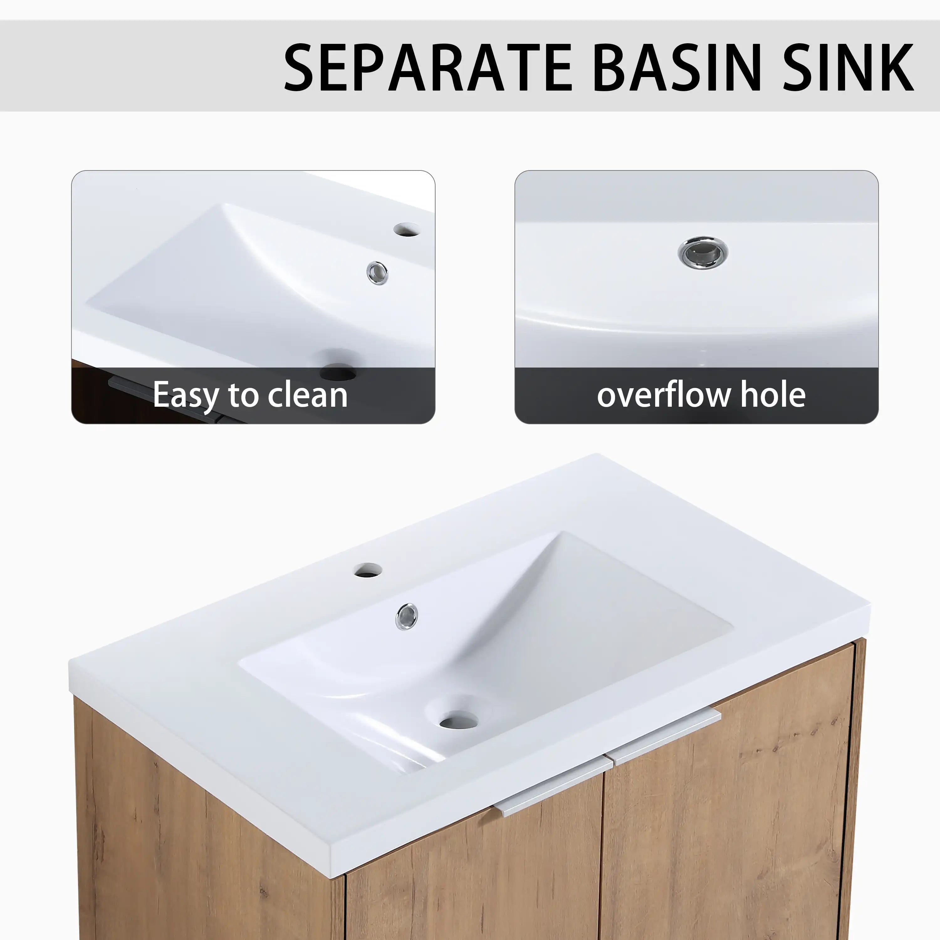 Easy-clean resin sink with overflow and pre-drilled faucet hole on the 30 inch floating bathroom vanity.