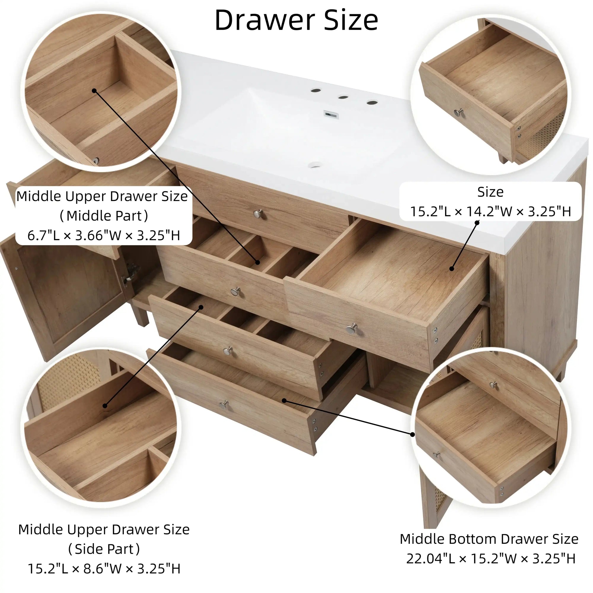 Soleil 60&quot; Bathroom Vanity with Sink, Natural Wood Cabinet with Drawers