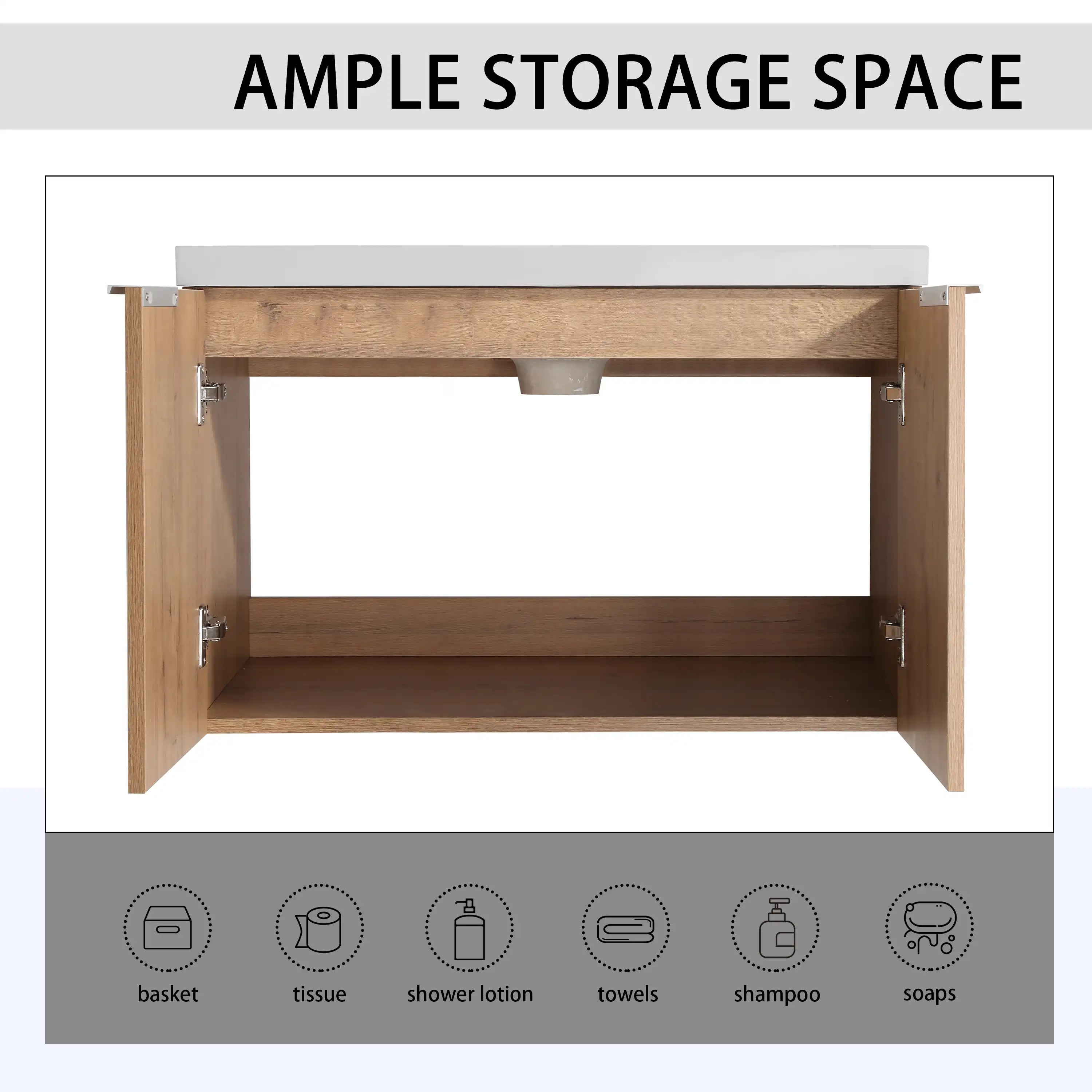 Monterey Series 30 inch bathroom vanity in oak finish showing ample storage space.