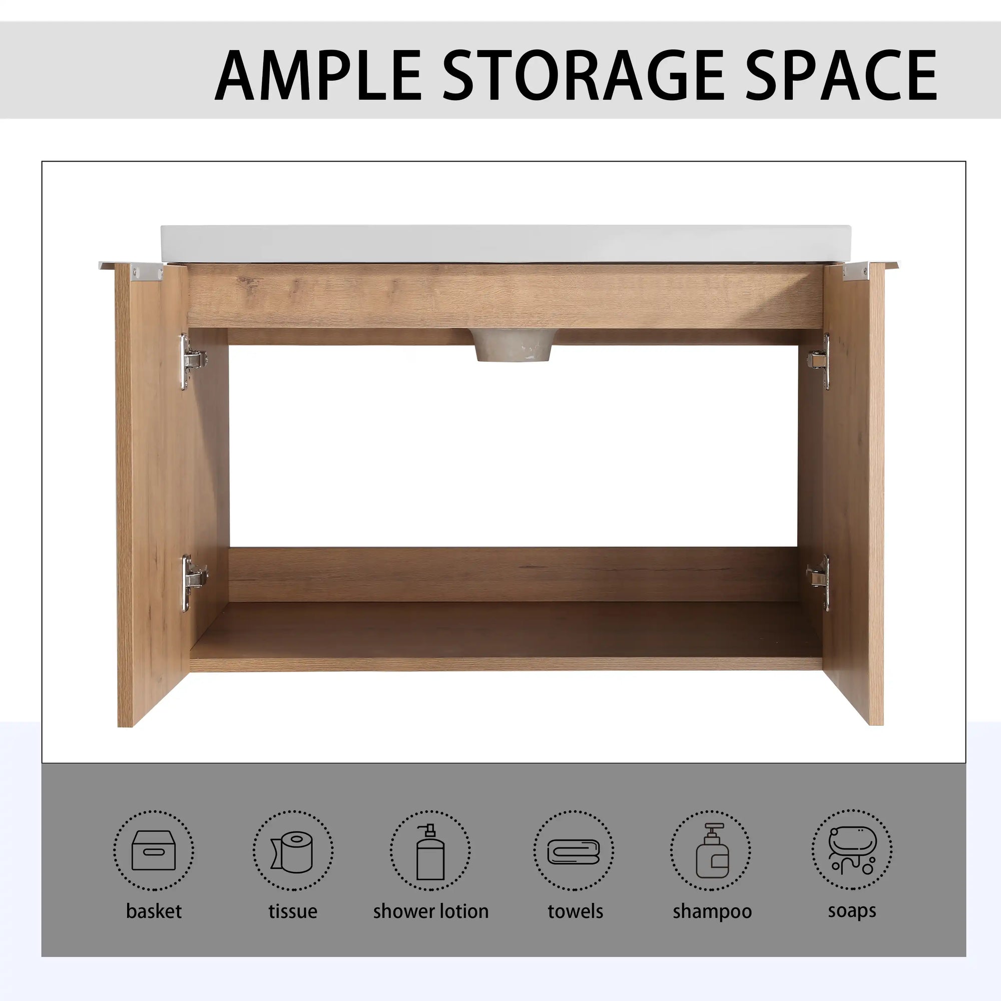 Monterey Series 30" Floating Bathroom Vanity in Imitative Oak with Integrated Sink and Double-Door Storage Cabinet
