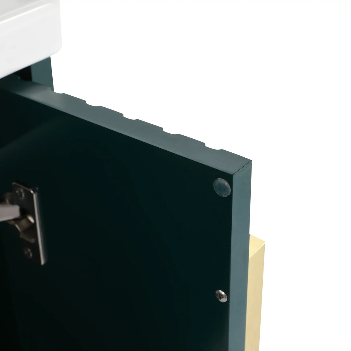 Soft-close hinge and silicon buffer of the green 24" floating bathroom vanity.