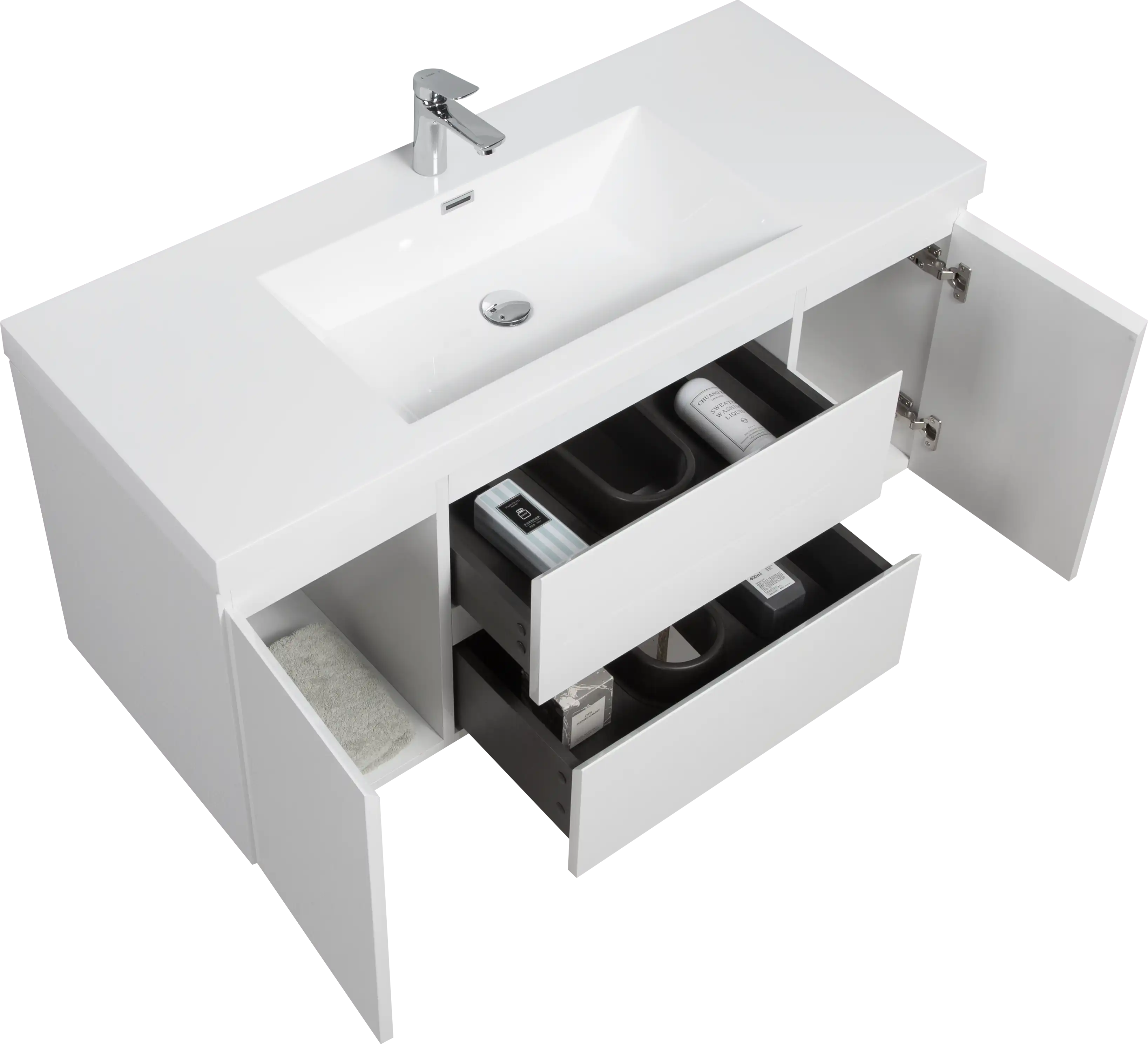 48 inch white floating bathroom vanity with spacious U-shaped drawers for smart bathroom storage.