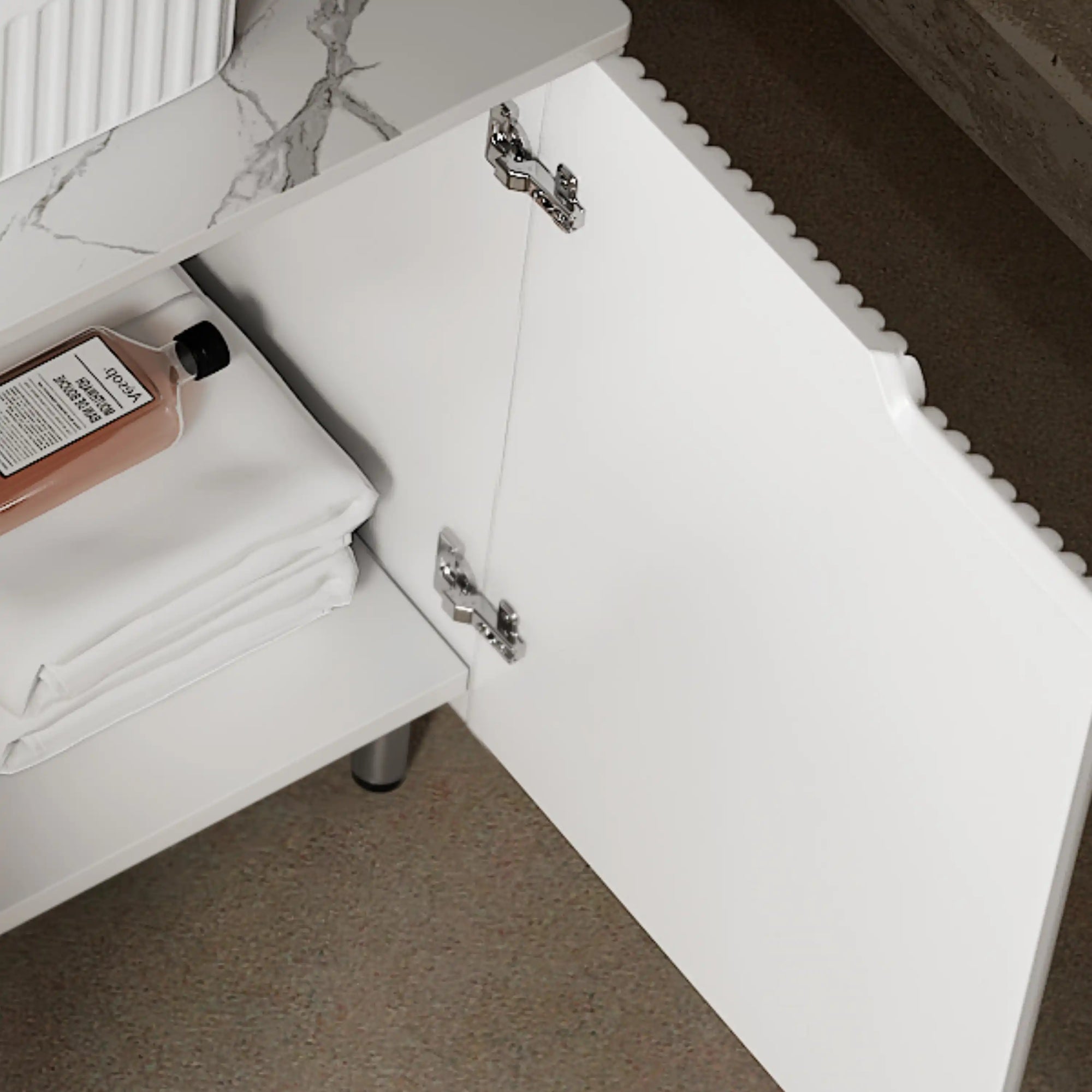 Flutia Series 30 inch bathroom vanity with soft-close cabinet door hinges.