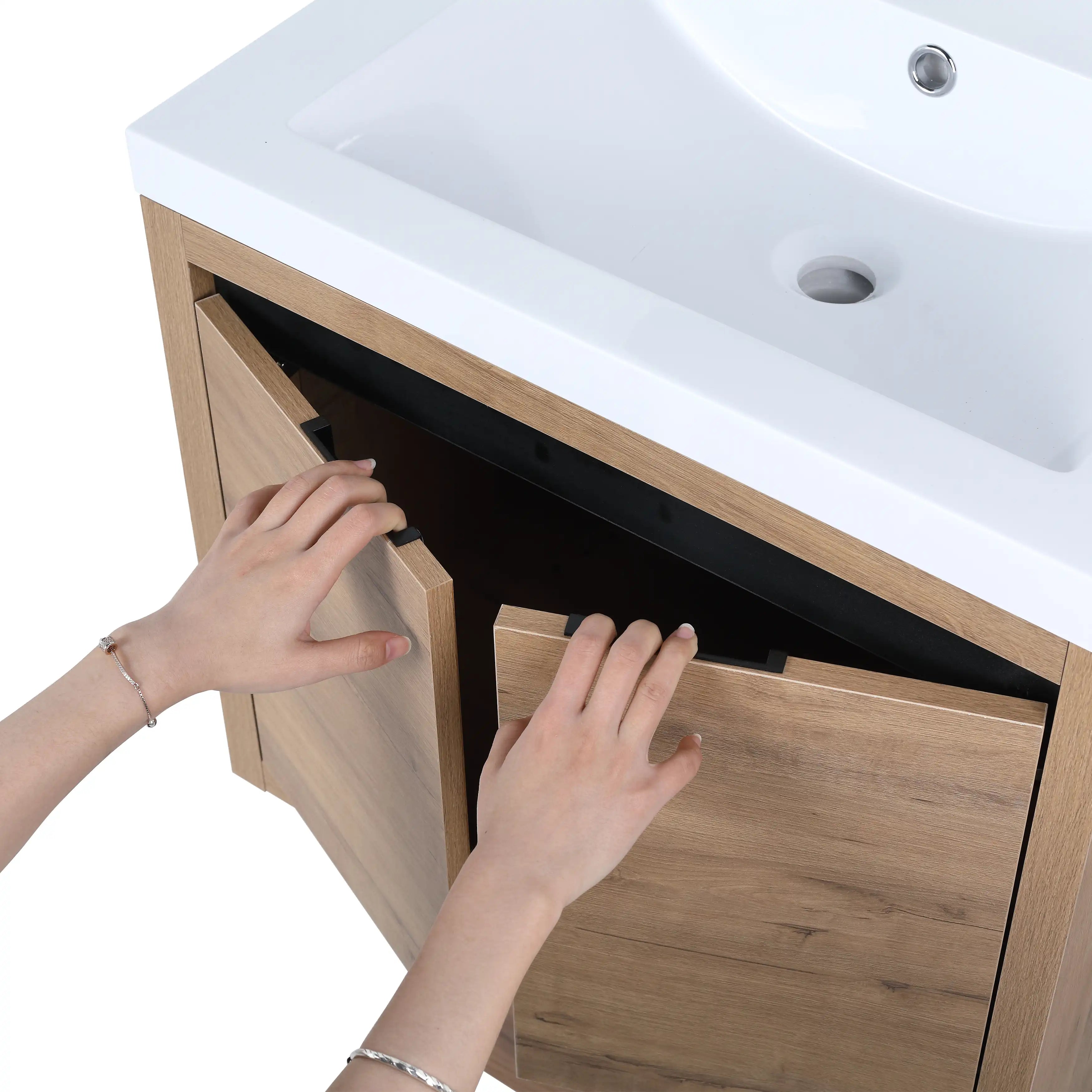 Walden Series 24 inch floating vanity with hidden door handles for a clean modern look.