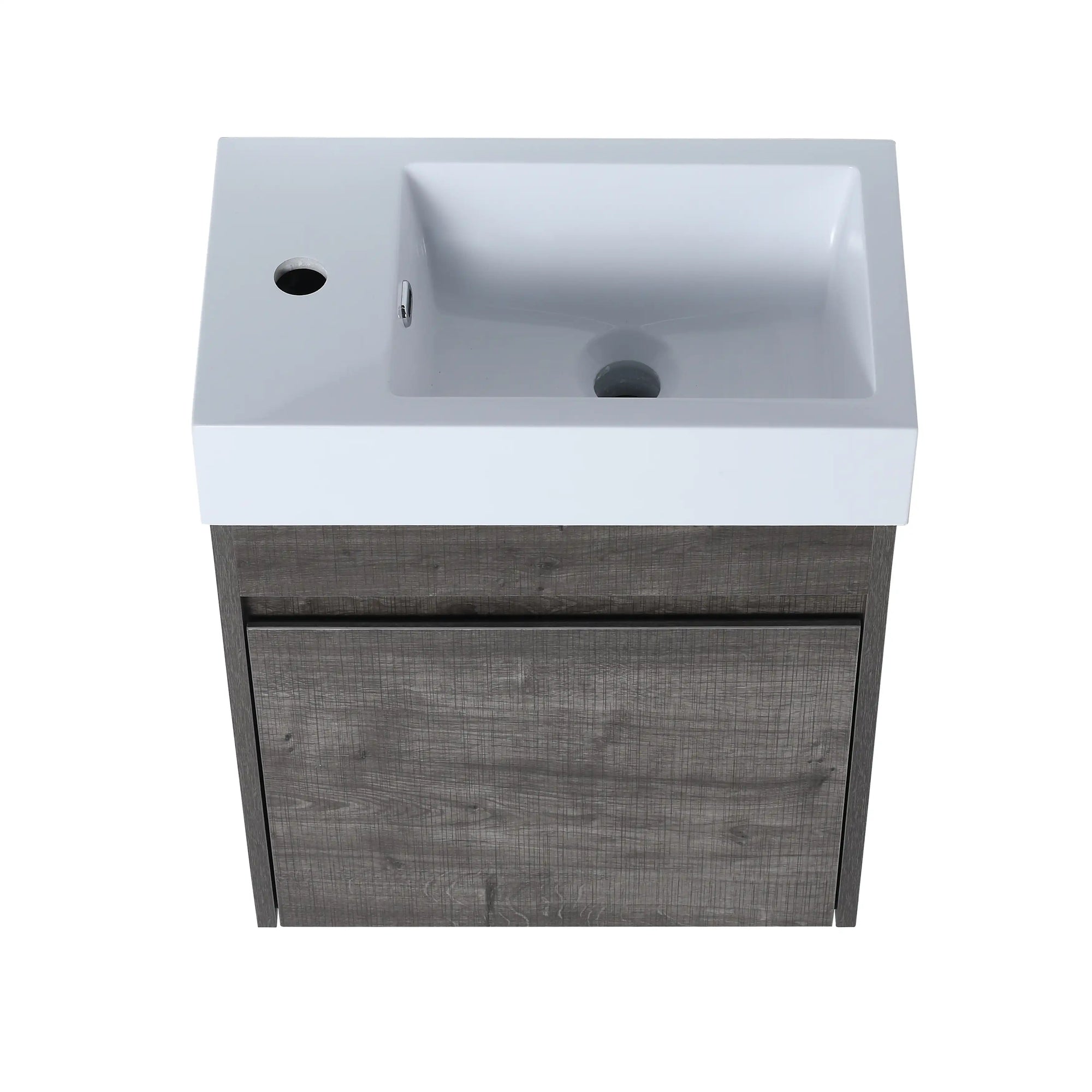 Front view of 18" gray bathroom vanities with integrated white resin sink and clean-lined cabinet design.