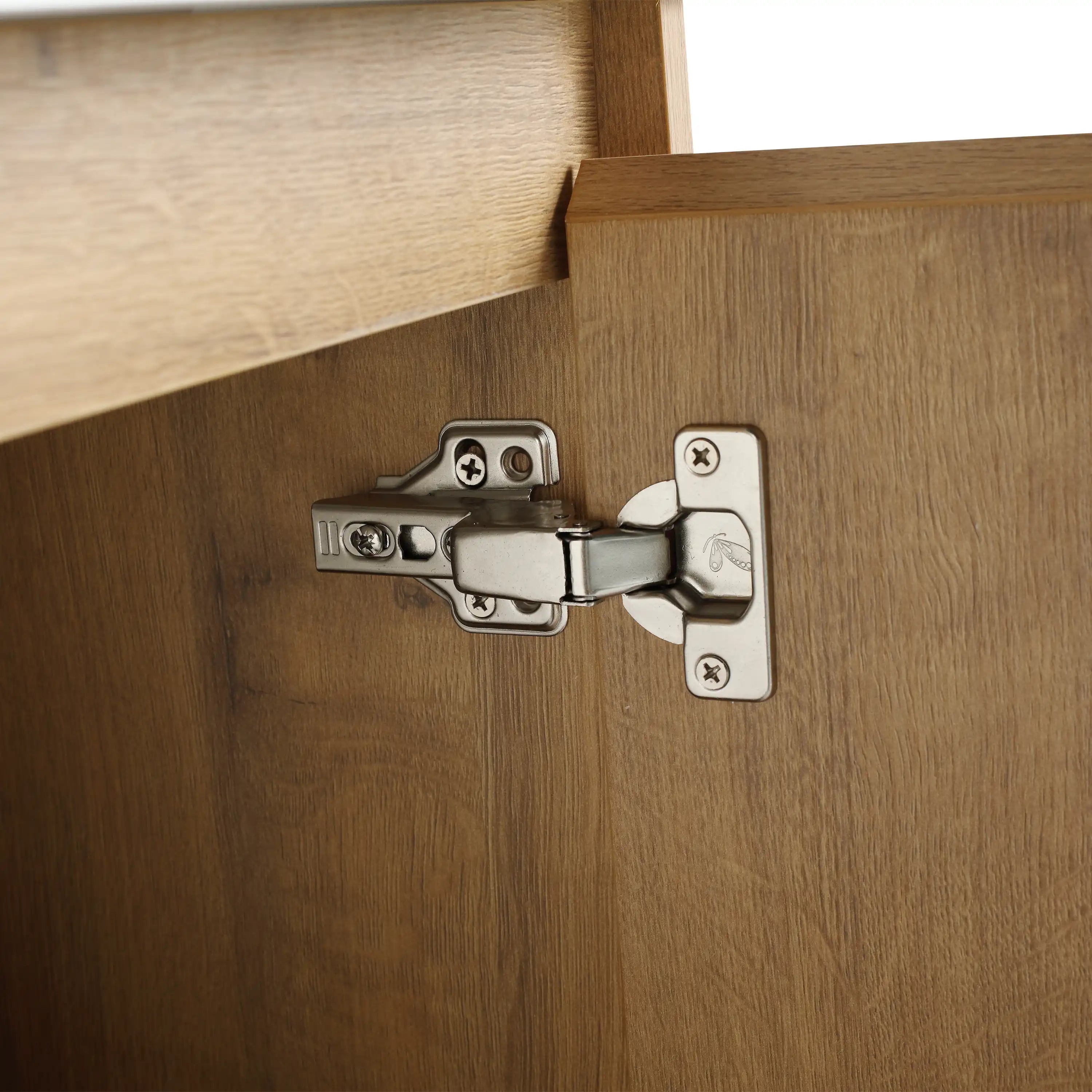Soft-close door hinge and handle detail on the 48 inch bathroom freestanding vanity.