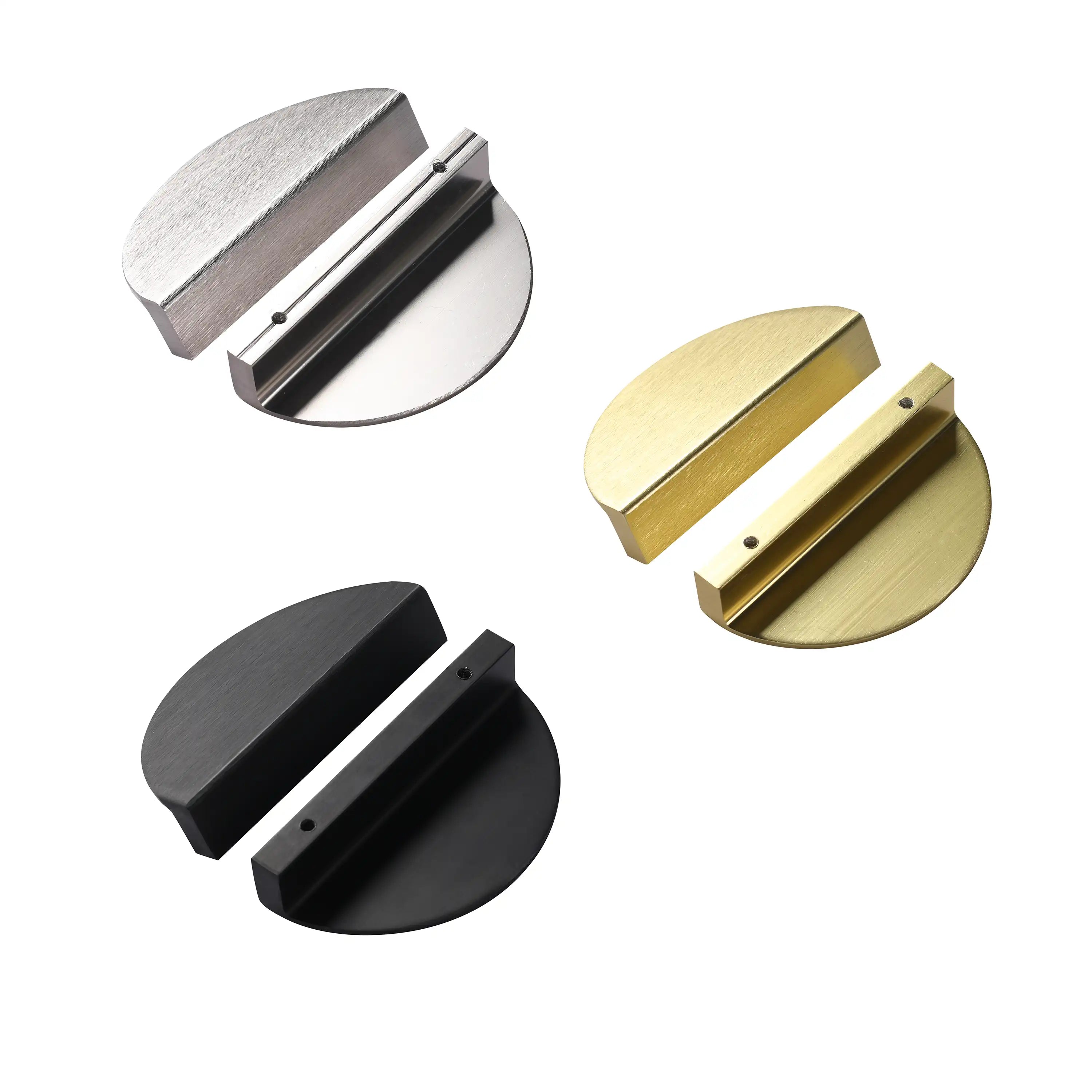 Metal handle options for Civetta-Fluted Series floating bathroom vanity in black, gold, and silver.