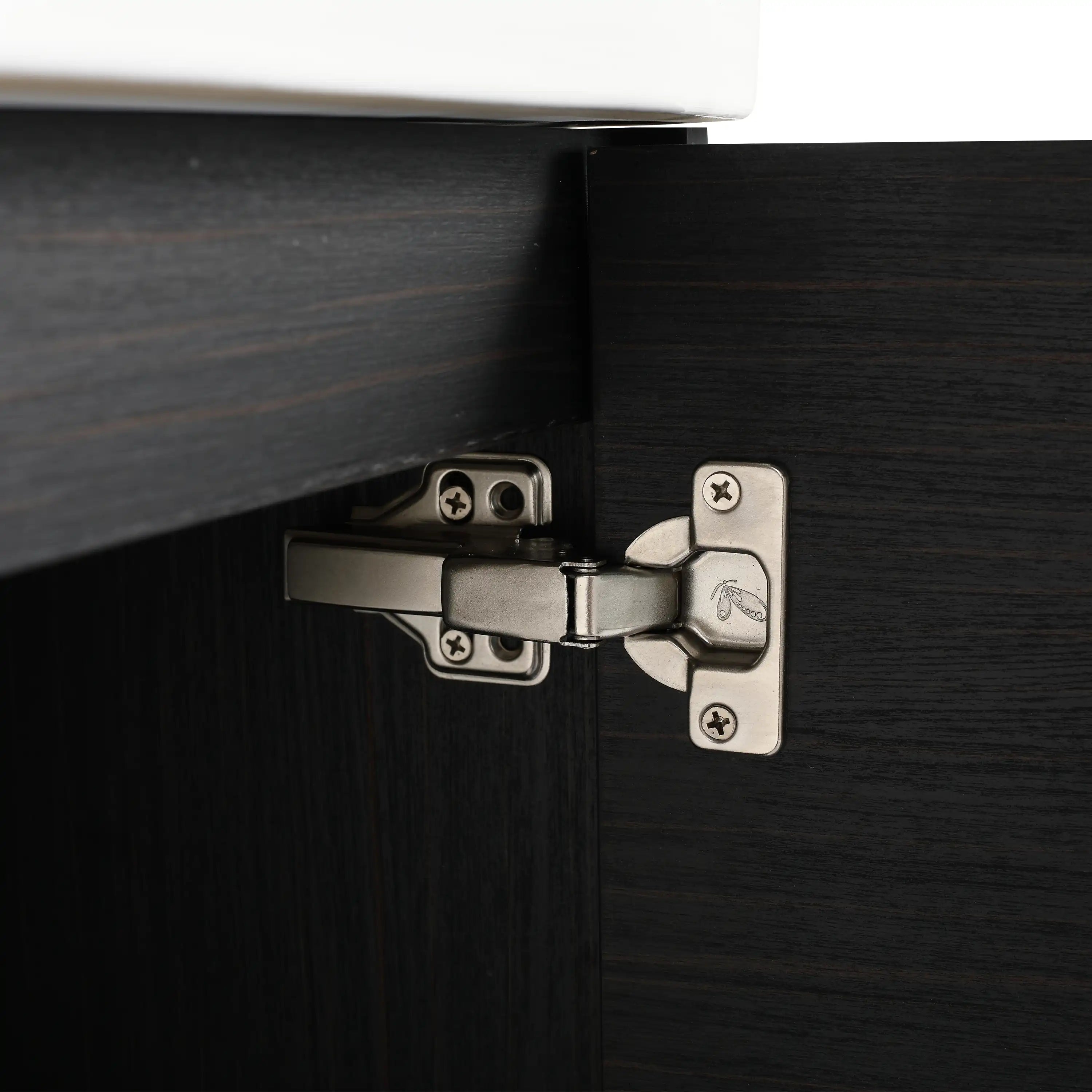 Soft close metal hinge in the Civetta-Plain Series bathroom floating vanity in black walnut finish.