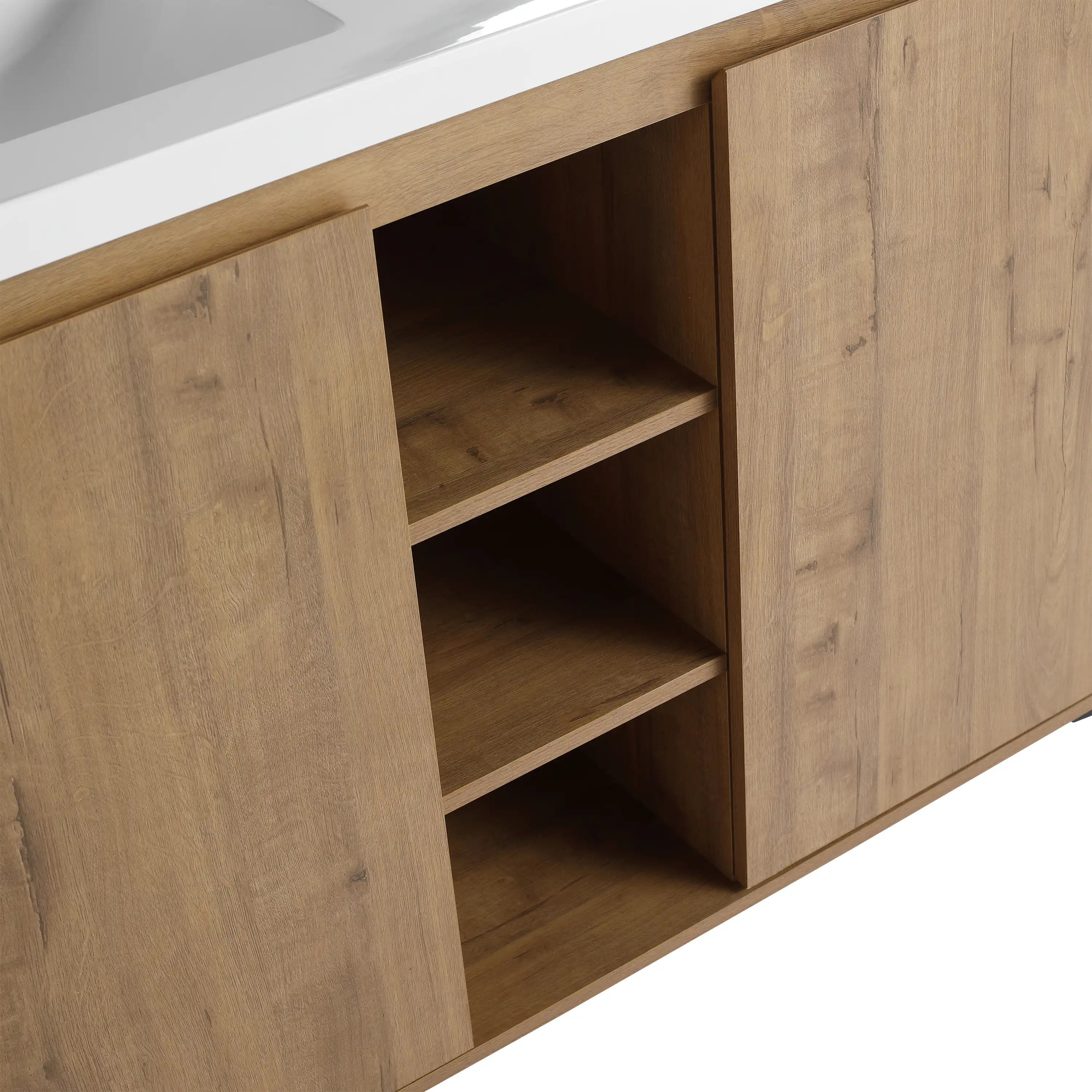 Open center storage made with eco-friendly plywood in Oakridge Series 48 inch vanity for bathroom.
