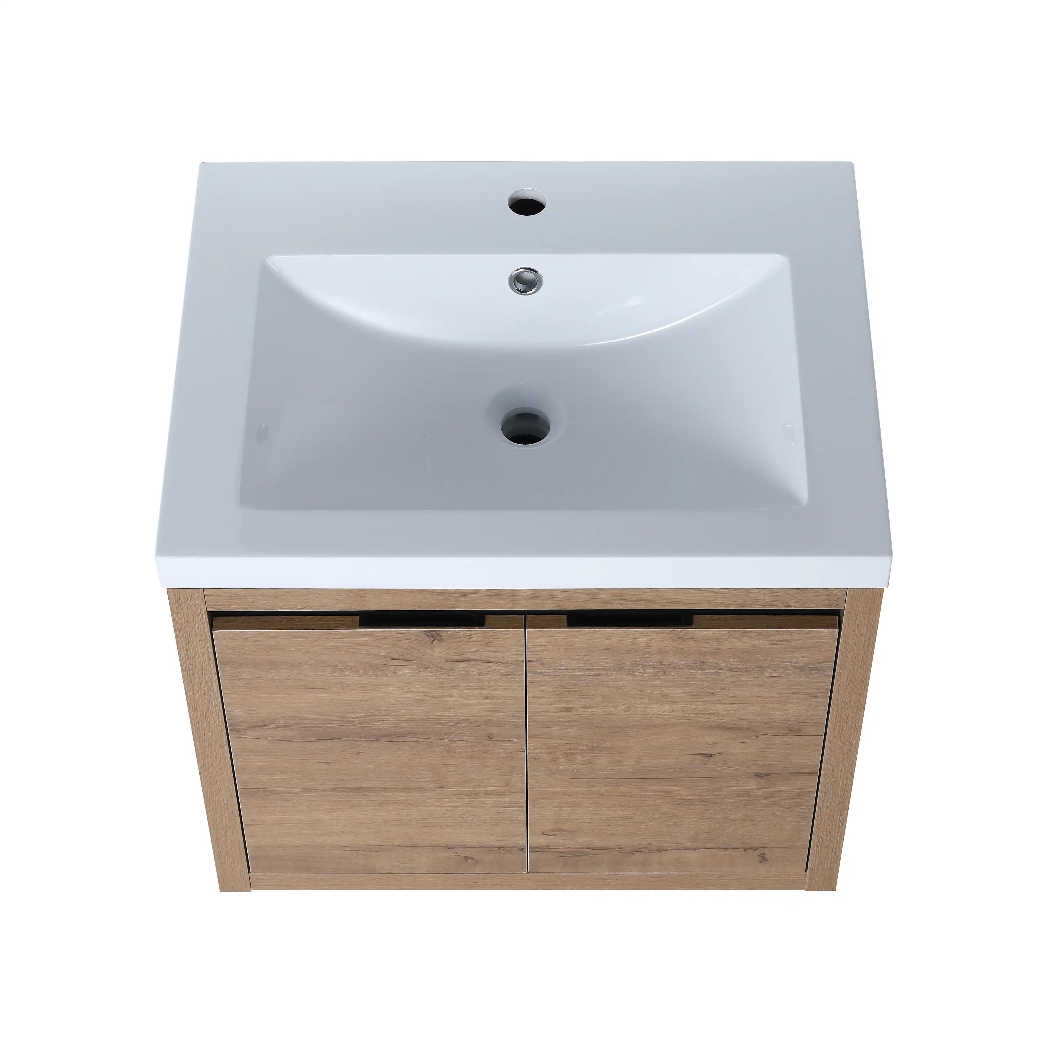 24" wall mounted vanity unit with integrated resin sink, smooth seamless basin design.