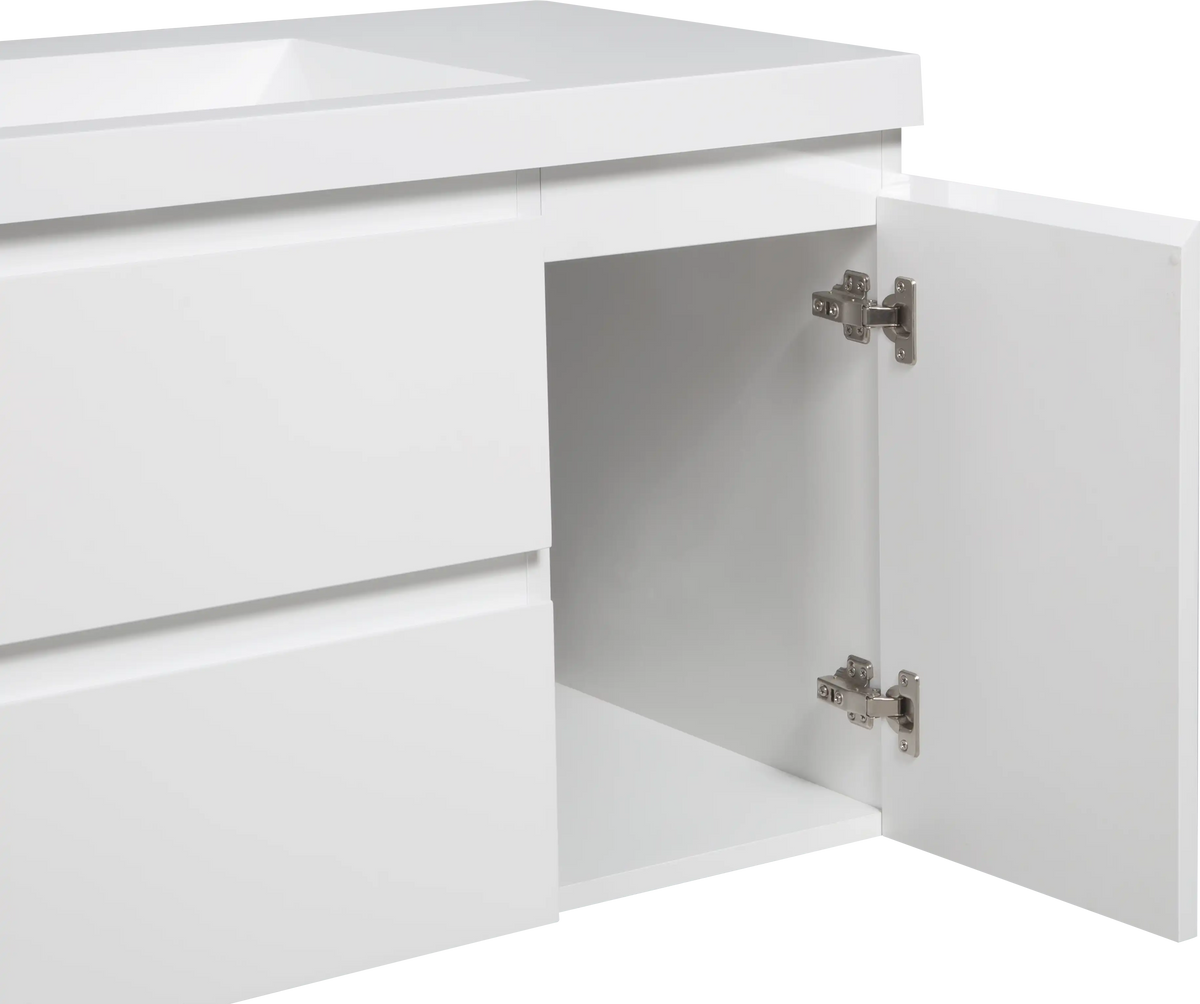48 inch white floating bathroom vanity with soft-close cabinet and durable metal hinges.