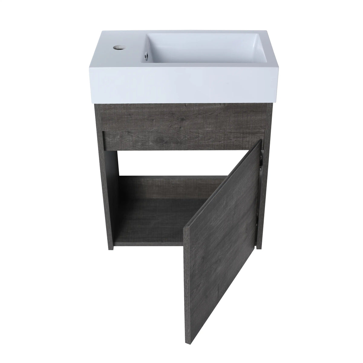 Open cabinet view of 18" gray bathroom vanities highlighting interior storage space and soft-close door.
