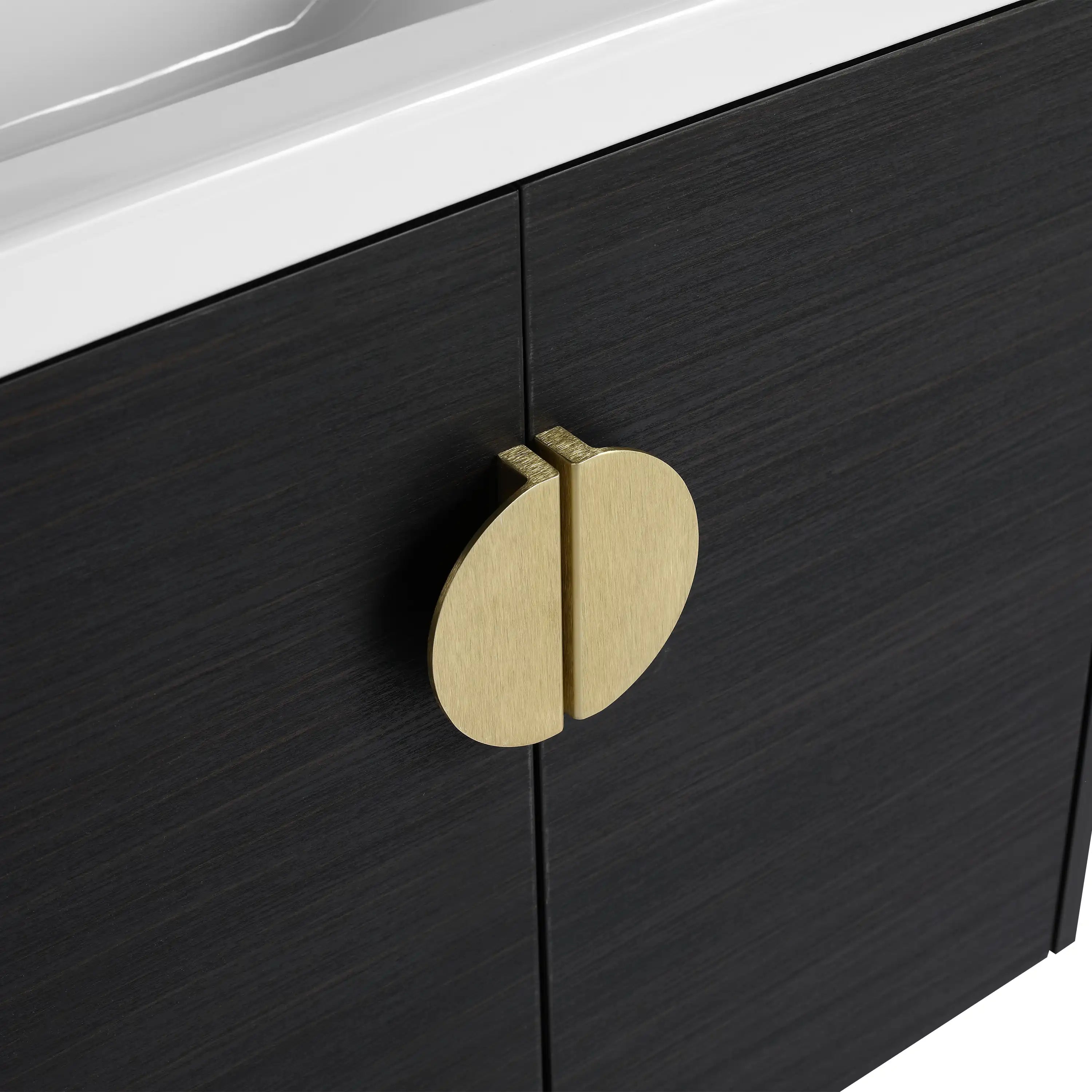 Brushed brass round handle on Civetta-Plain Series black bathroom vanity.