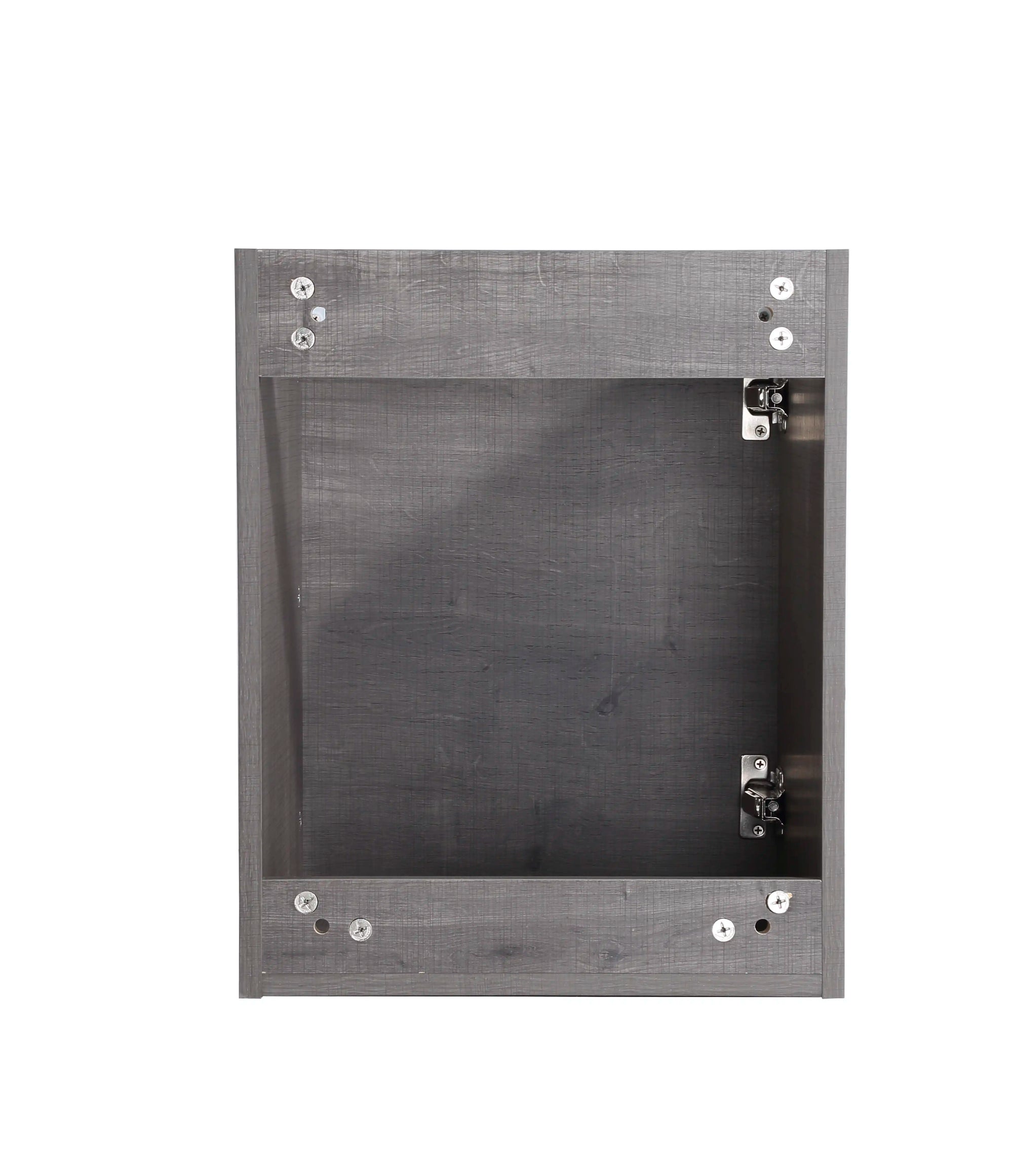 Back view of 18" gray bathroom vanities showing wall-mounted structure and hardware installation points.
