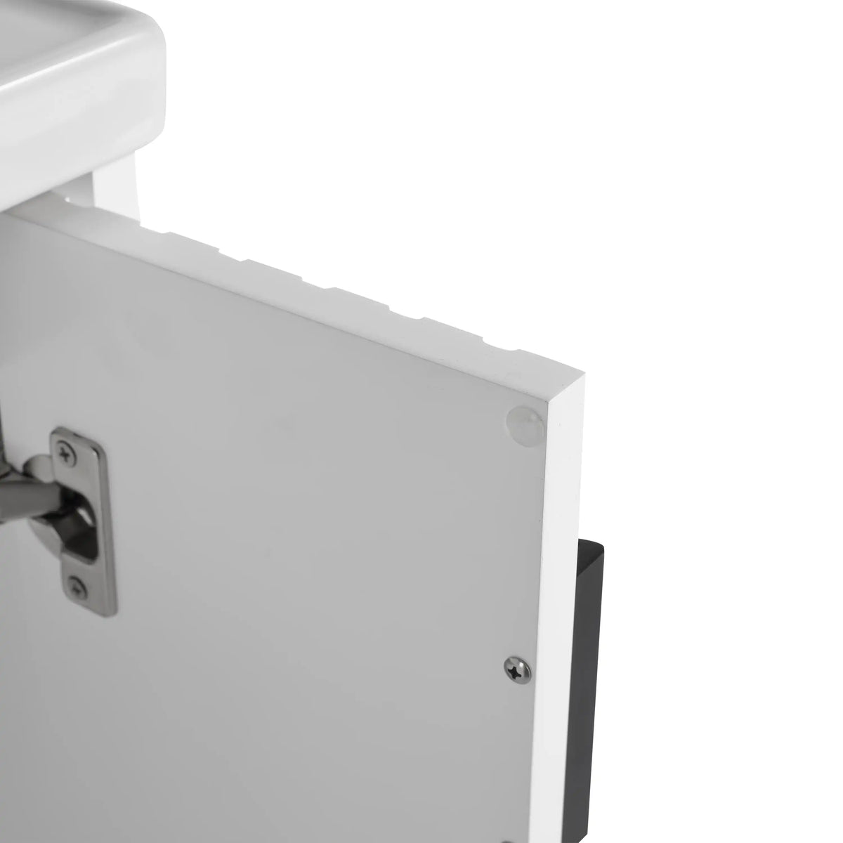 Soft-close hinge and silicon buffer detail of 24 inch white floating bathroom vanity.