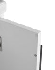 Soft-close hinge and silicon buffer detail of 24 inch white floating bathroom vanity.